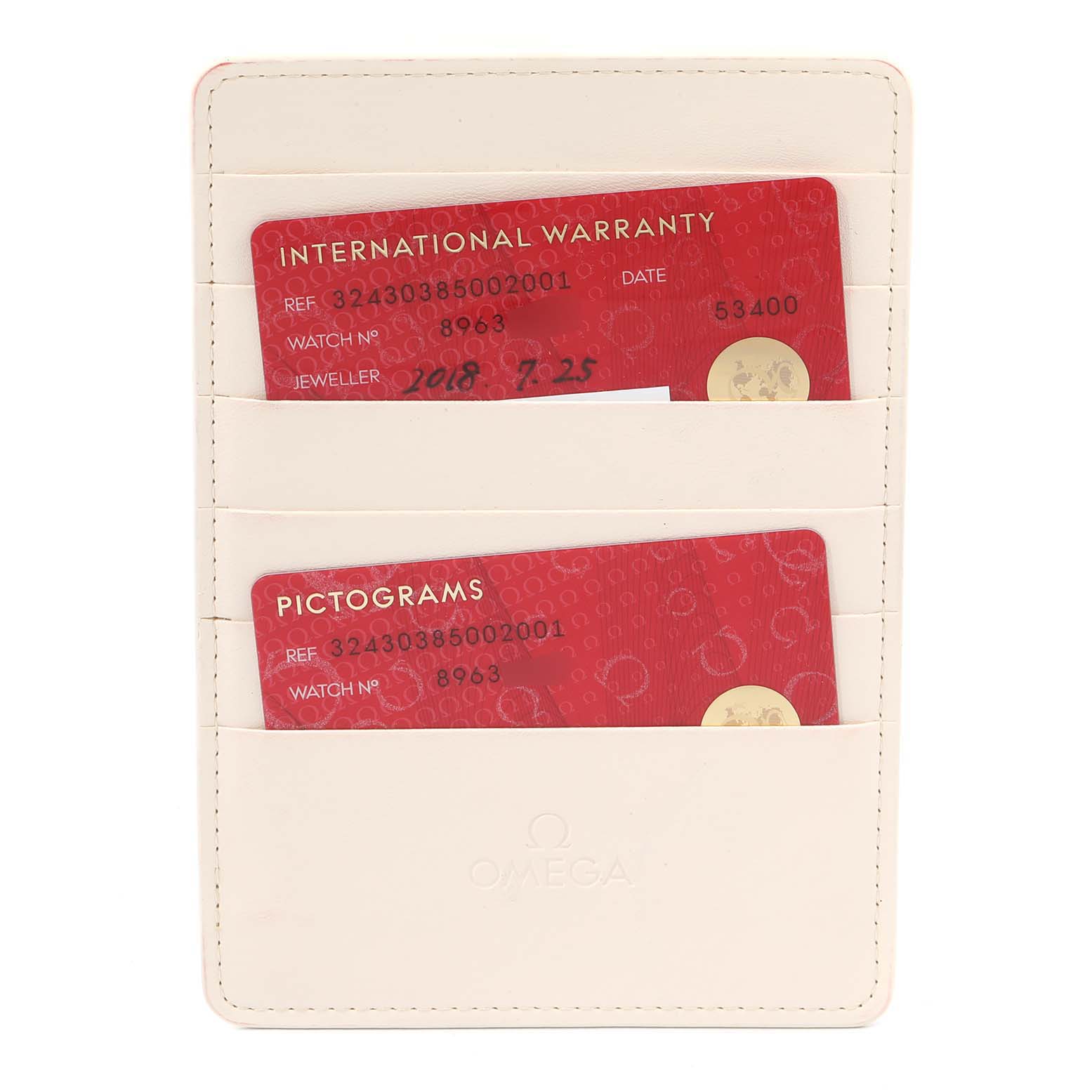 This image displays an Omega cardholder with warranty and pictogram cards for the Speedmaster model.
