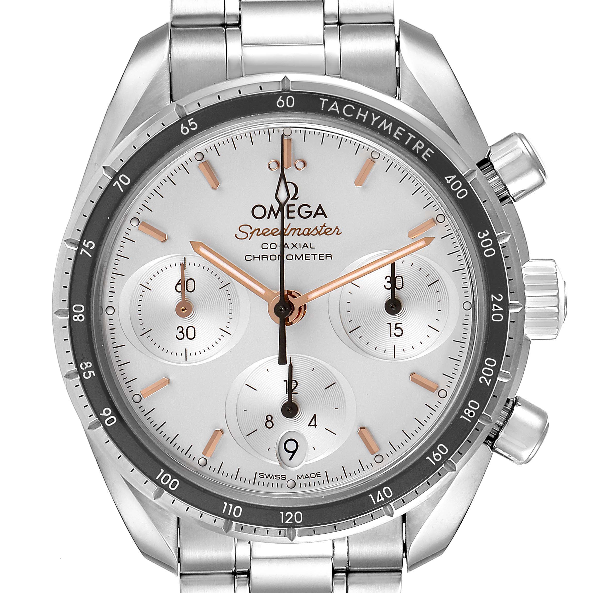 The image is a front view of an Omega Speedmaster 324.30.38.50.02.001 Men
s Stainless Steel Silver Dial 324.30.38.50.02.001 Men
s Stainless Steel Silver Dial watch, showing the dial, bezel, and chronograph subdials.