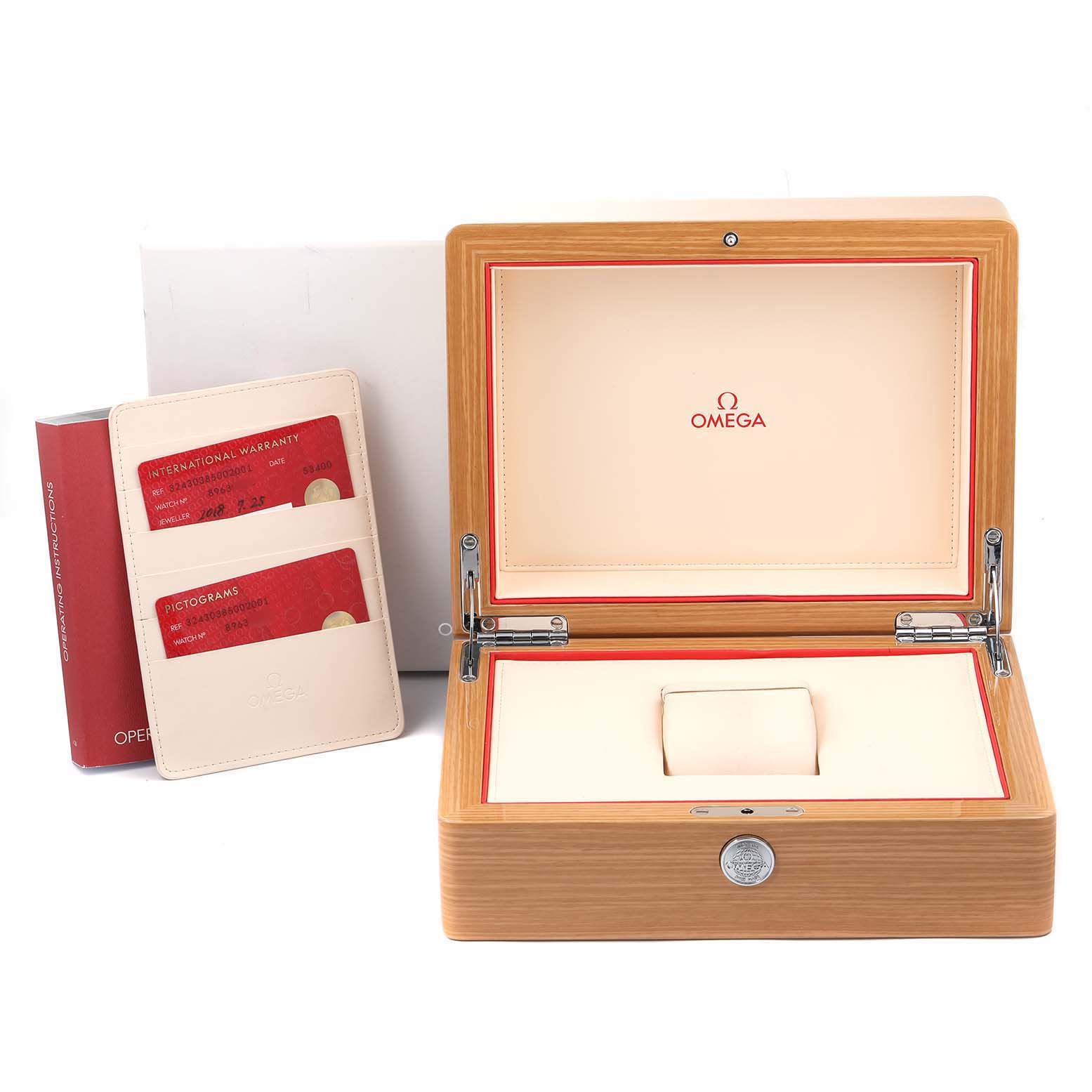 The image shows the packaging and accessories of the Omega Speedmaster 324.30.38.50.02.001 Men
s Stainless Steel Silver Dial 324.30.38.50.02.001 Men
s Stainless Steel Silver Dial, including the watch box, warranty cards, and instruction booklets.