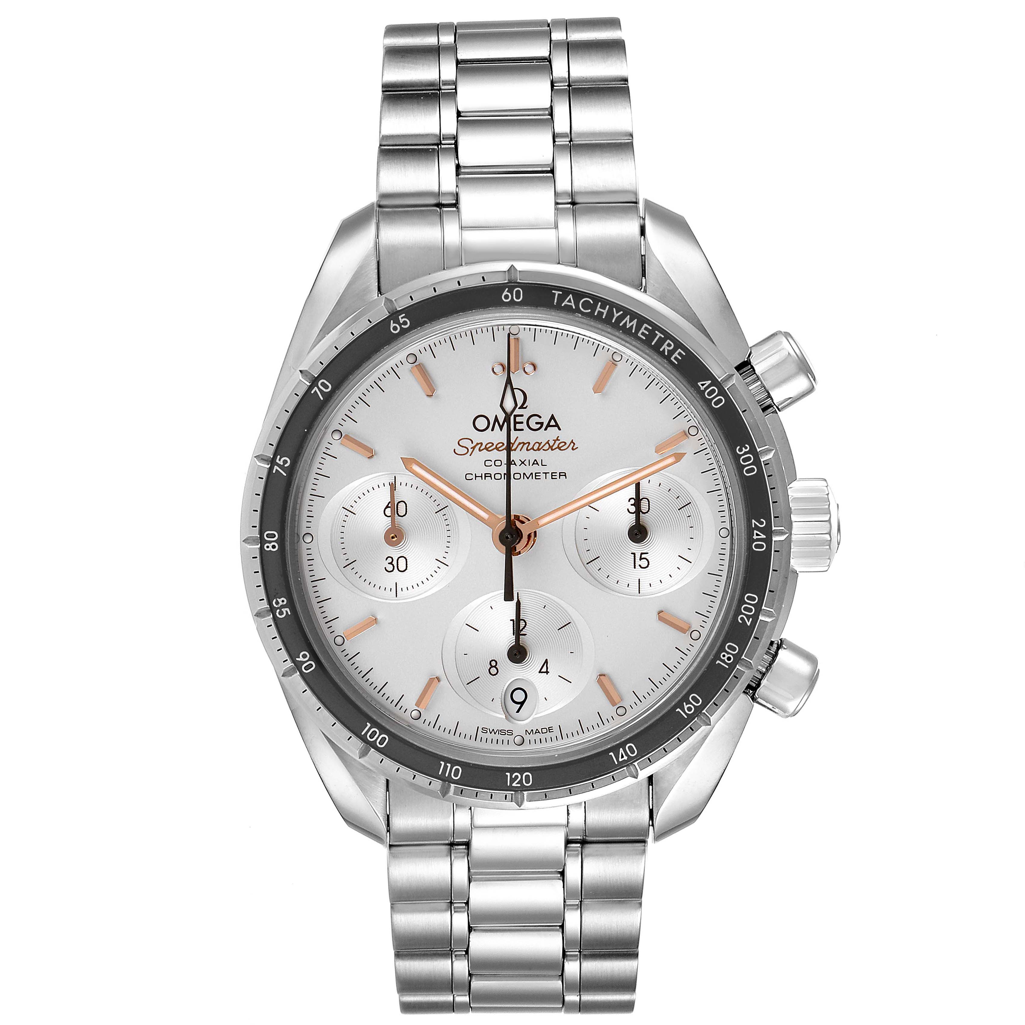 The image shows a front view of an Omega Speedmaster 324.30.38.50.02.001 Men
s Stainless Steel Silver Dial 324.30.38.50.02.001 Men
s Stainless Steel Silver Dial watch, highlighting its dial, chronograph subdials, tachymeter bezel, and stainless steel bracelet.