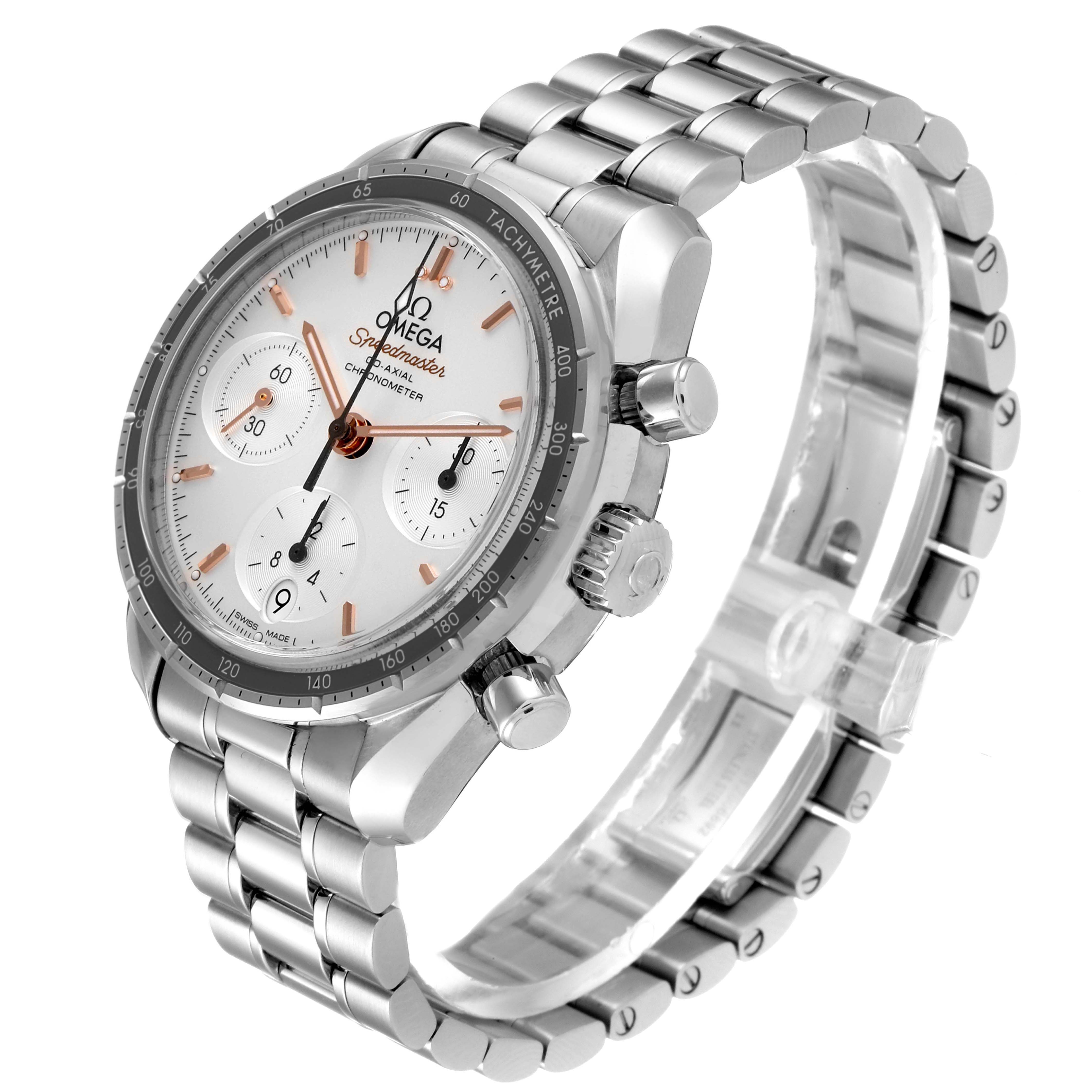 The Omega Speedmaster 324.30.38.50.02.001 Men
s Stainless Steel Silver Dial 324.30.38.50.02.001 Men
s Stainless Steel Silver Dial watch is shown at a slight angle, displaying the face, bezel, crown, and bracelet.