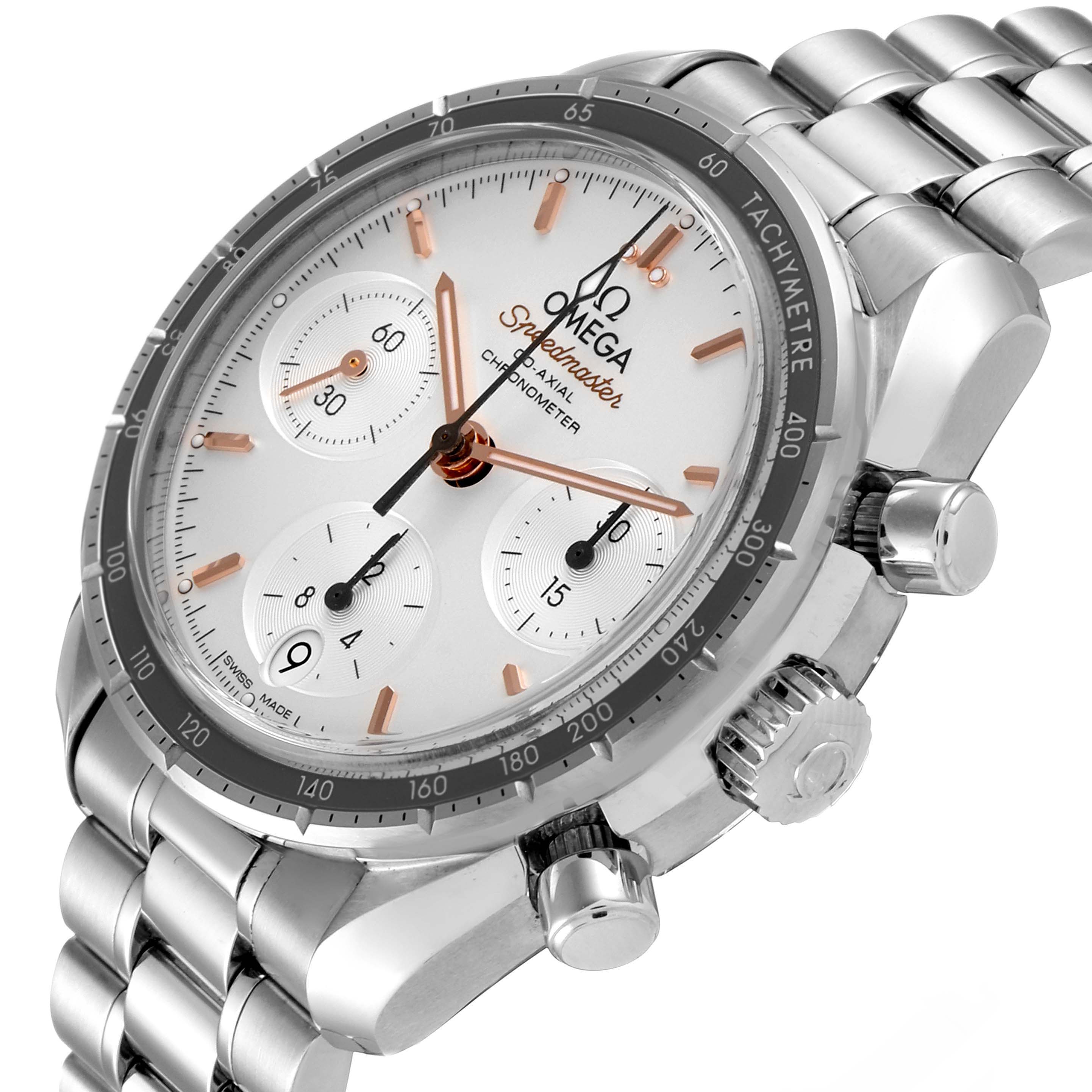 The Omega Speedmaster 324.30.38.50.02.001 Men
s Stainless Steel Silver Dial 324.30.38.50.02.001 Men
s Stainless Steel Silver Dial watch is shown at a slight angle, highlighting the dial, bezel, crown, pushers, and bracelet.