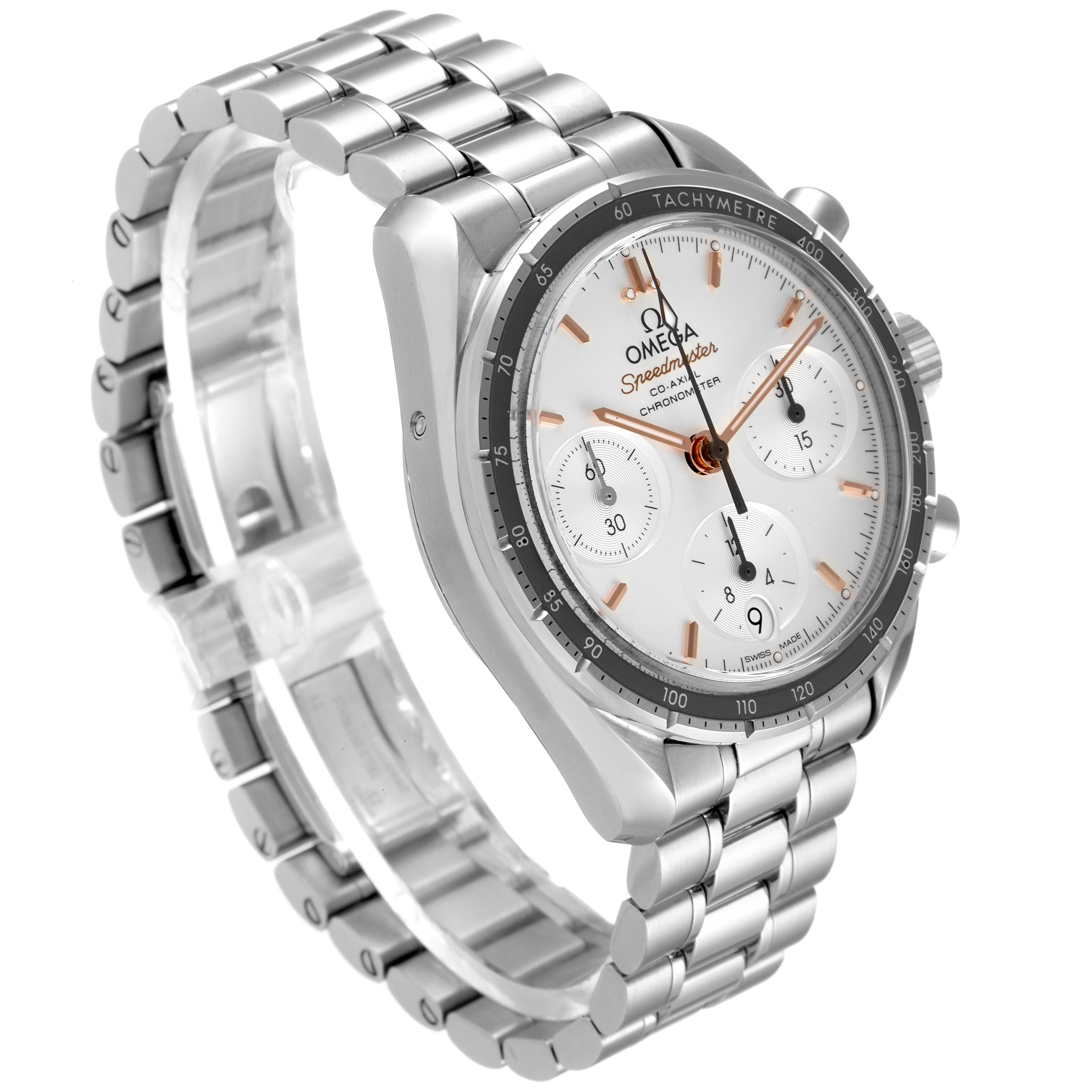 The image shows an angled view of an Omega Speedmaster 324.30.38.50.02.001 Men
s Stainless Steel Silver Dial 324.30.38.50.02.001 Men
s Stainless Steel Silver Dial watch, highlighting its face, bezel, and metal bracelet.