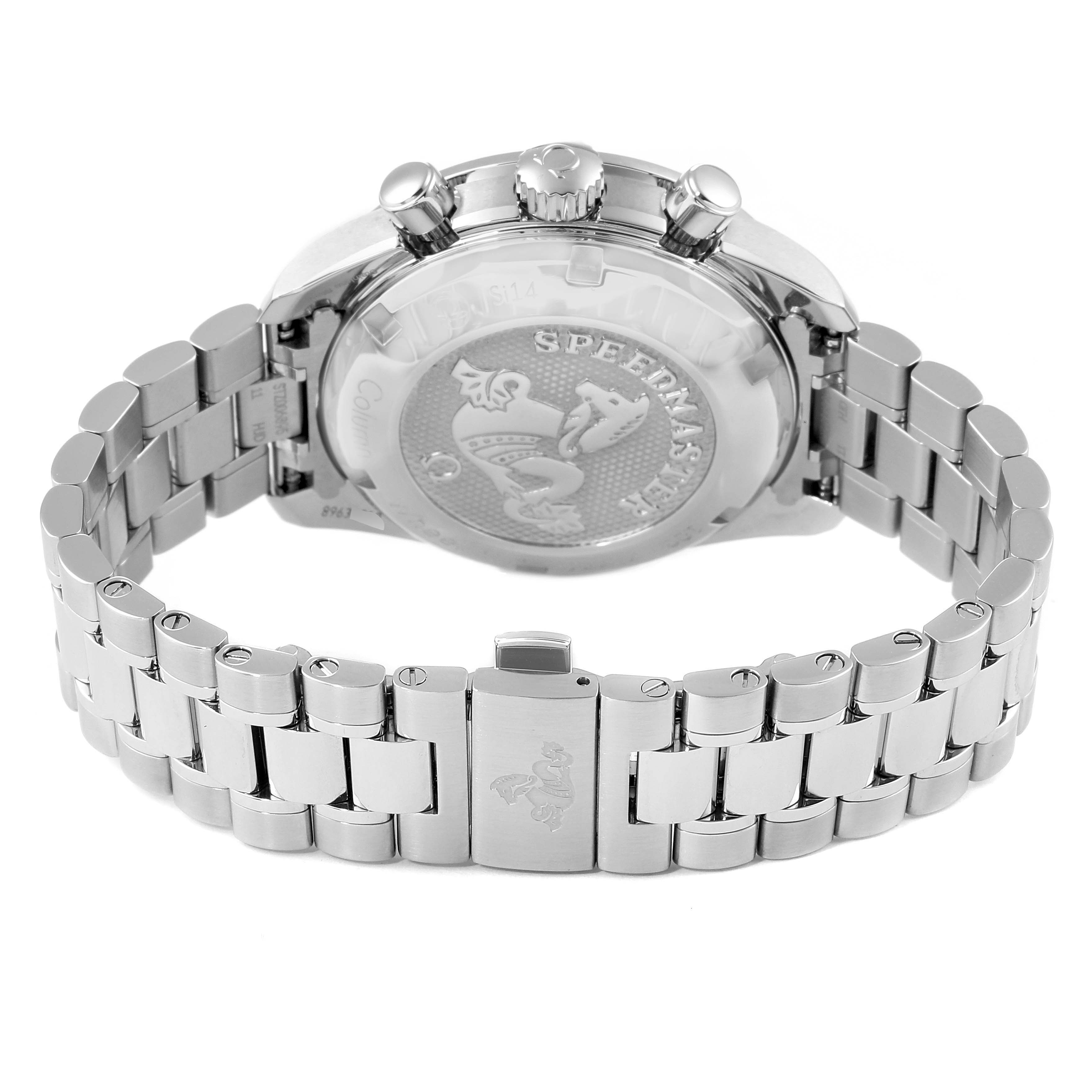 The image shows the back of the Omega Speedmaster 324.30.38.50.02.001 Men
s Stainless Steel Silver Dial 324.30.38.50.02.001 Men
s Stainless Steel Silver Dial watch and its metallic bracelet in a slightly tilted rear angle.