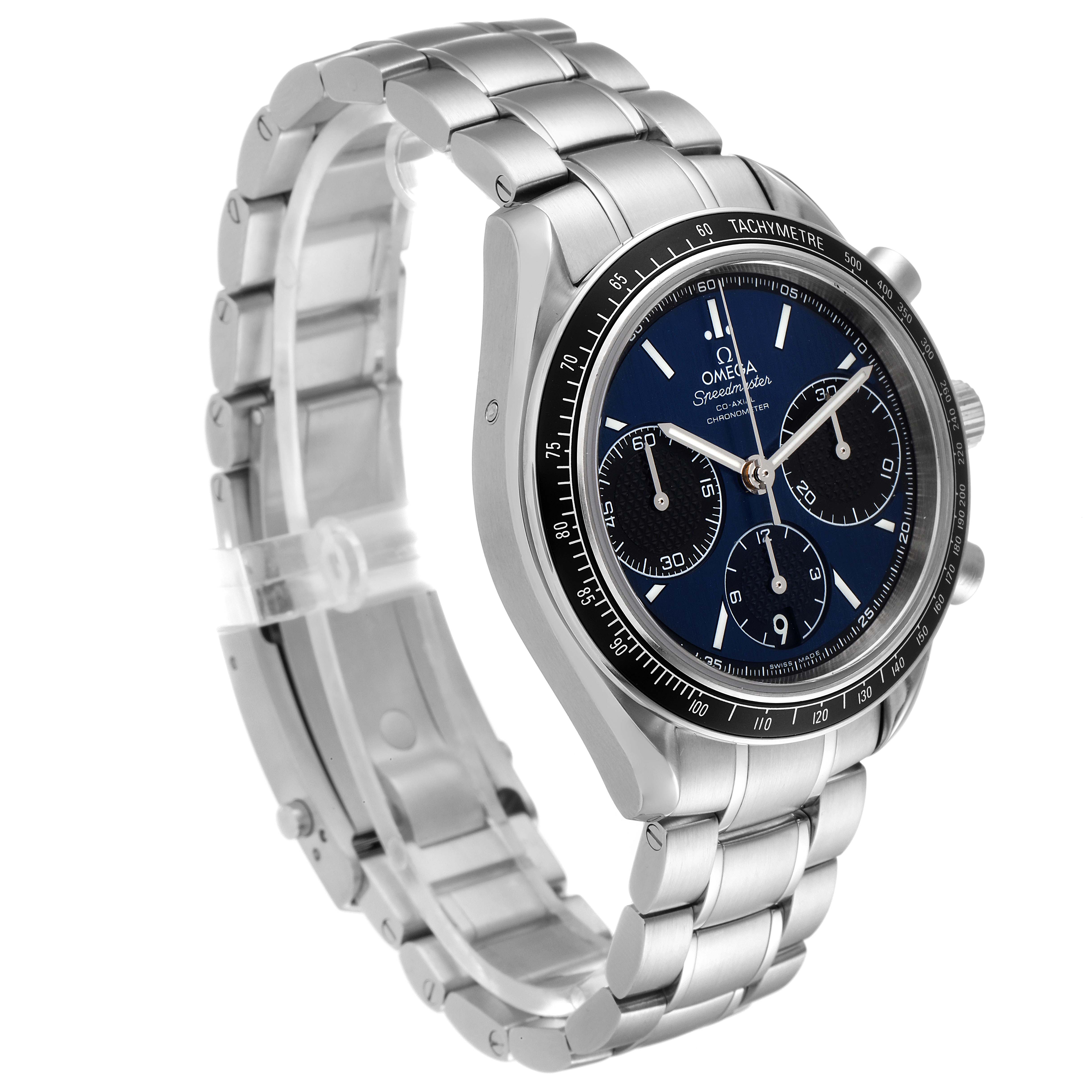 This image shows a side-angle view of an Omega Speedmaster 326.30.40.50.01.001 Men
s Stainless Steel Blue Dial 326.30.40.50.01.001 Men
s Stainless Steel Blue Dial watch, highlighting the face, bezel, case, and bracelet.
