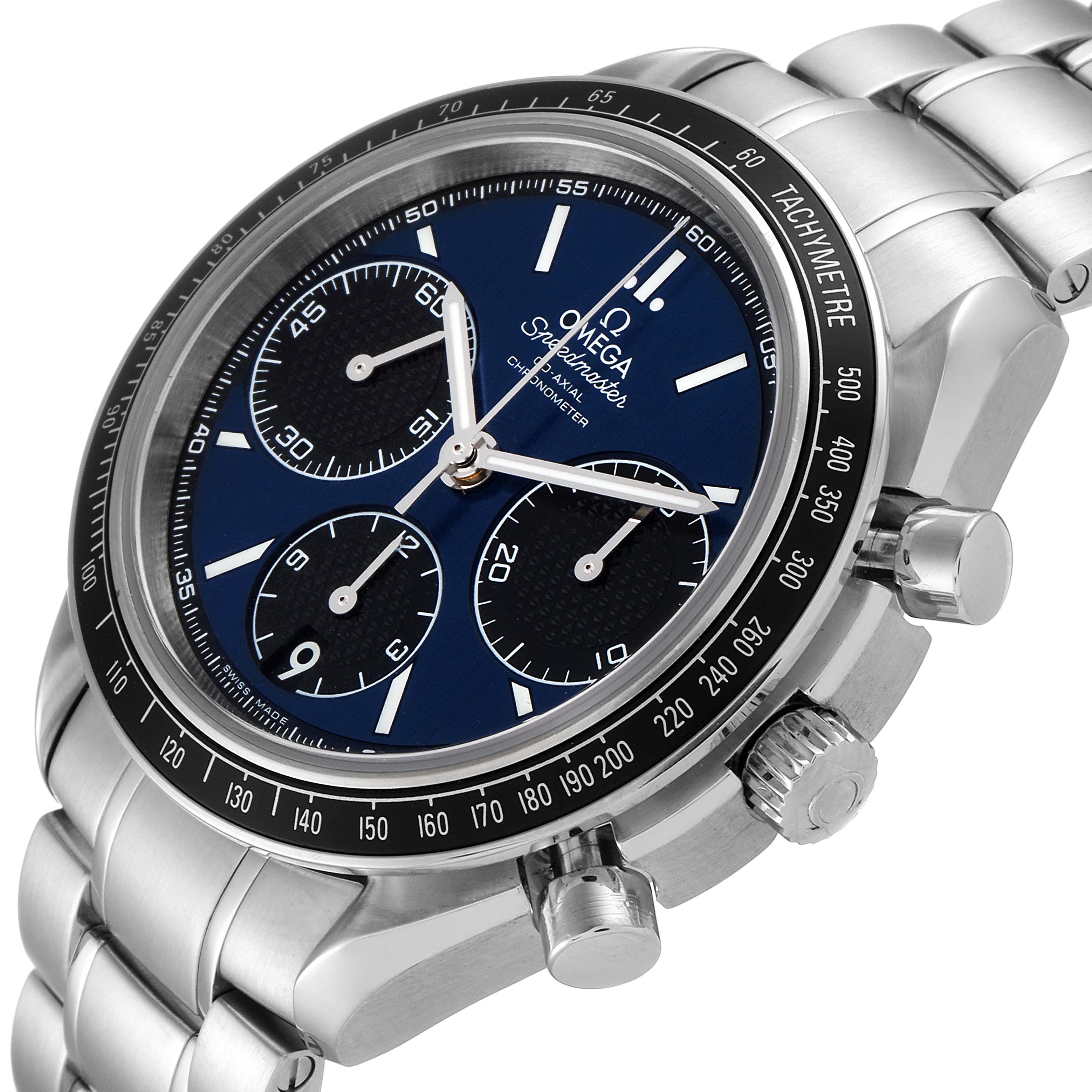 This image shows a close-up, angled view of the Omega Speedmaster 326.30.40.50.01.001 Men
s Stainless Steel Blue Dial 326.30.40.50.01.001 Men
s Stainless Steel Blue Dial watch, capturing the dial, tachymeter bezel, and side buttons.