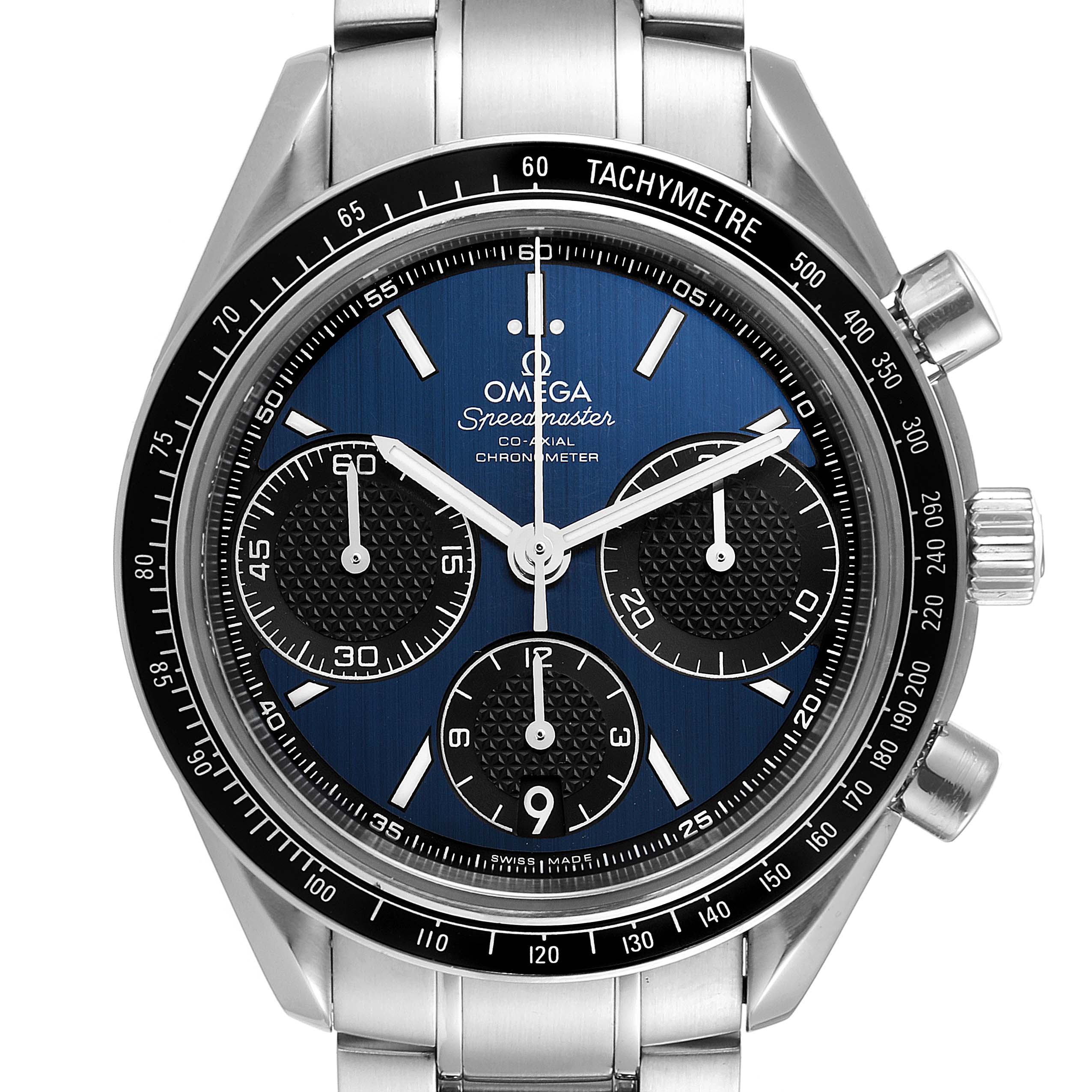 The image shows a front view of the Omega Speedmaster 326.30.40.50.01.001 Men
s Stainless Steel Blue Dial 326.30.40.50.01.001 Men
s Stainless Steel Blue Dial watch, highlighting its dial, sub-dials, and tachymeter bezel.