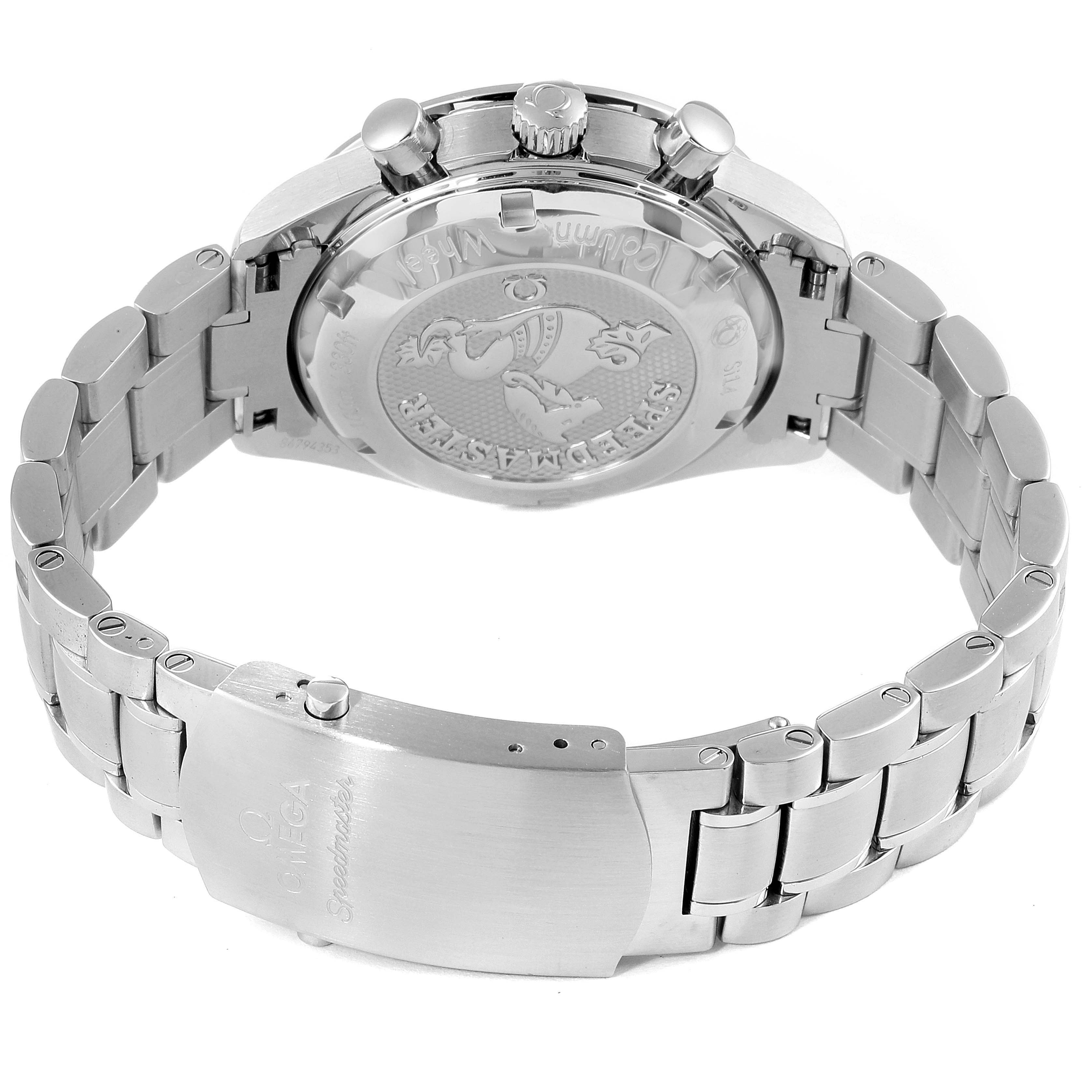 The image shows the back case and clasp of an Omega Speedmaster 326.30.40.50.01.001 Men
s Stainless Steel Blue Dial 326.30.40.50.01.001 Men
s Stainless Steel Blue Dial watch at an angle highlighting its bracelet and engraved case back.