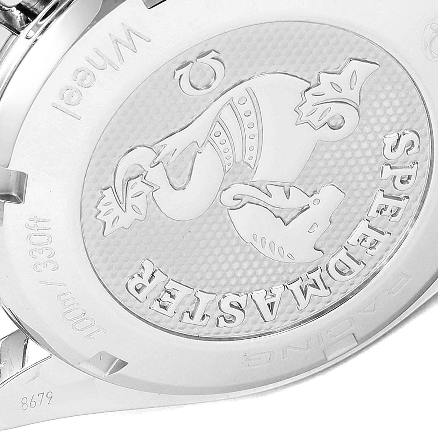 The image shows the engraved case back of an Omega Speedmaster 326.30.40.50.01.001 Men
s Stainless Steel Blue Dial 326.30.40.50.01.001 Men
s Stainless Steel Blue Dial watch, highlighting the logo and model name.