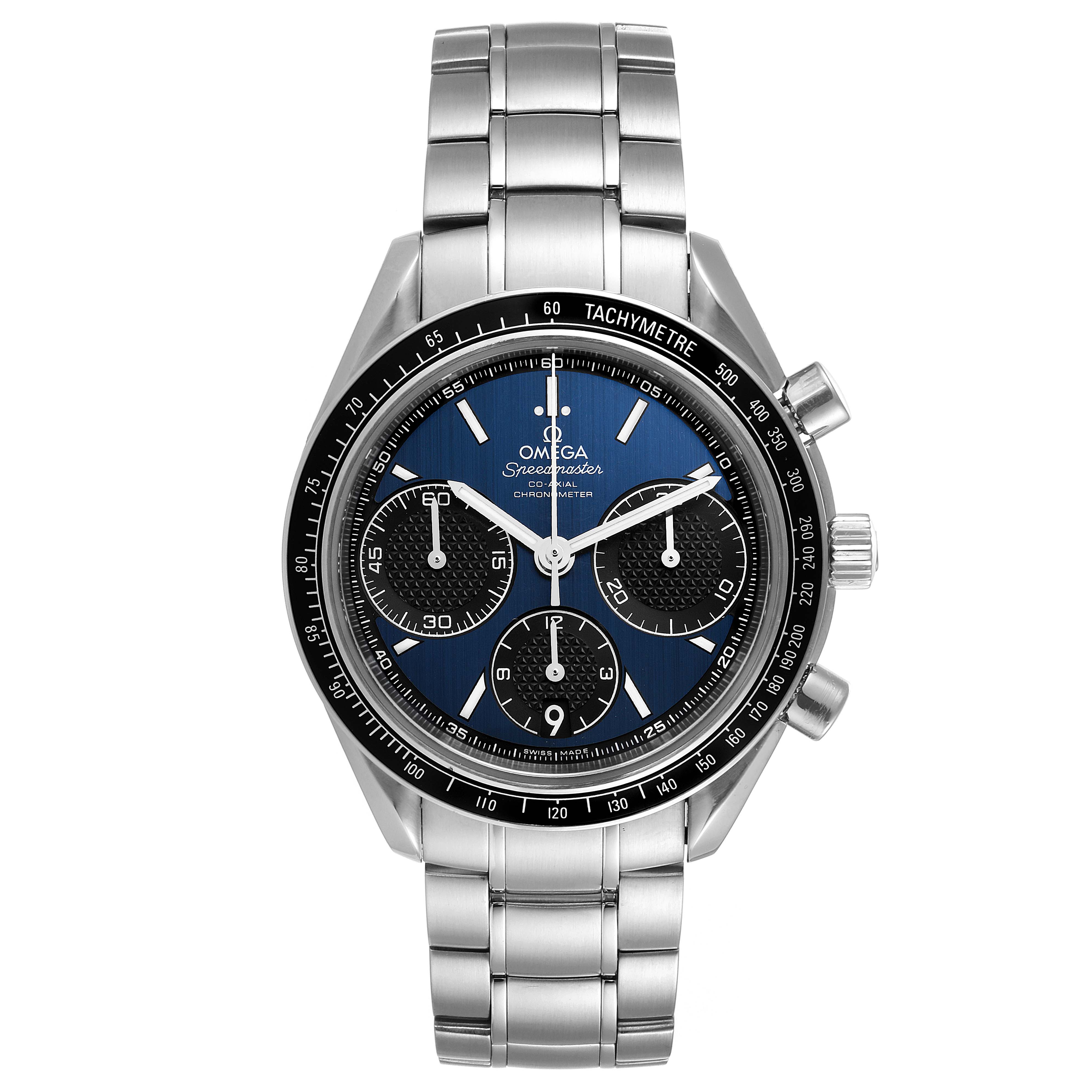 The image shows a frontal view of an Omega Speedmaster 326.30.40.50.01.001 Men
s Stainless Steel Blue Dial 326.30.40.50.01.001 Men
s Stainless Steel Blue Dial watch, highlighting the dial, tachymeter bezel, and stainless steel bracelet.