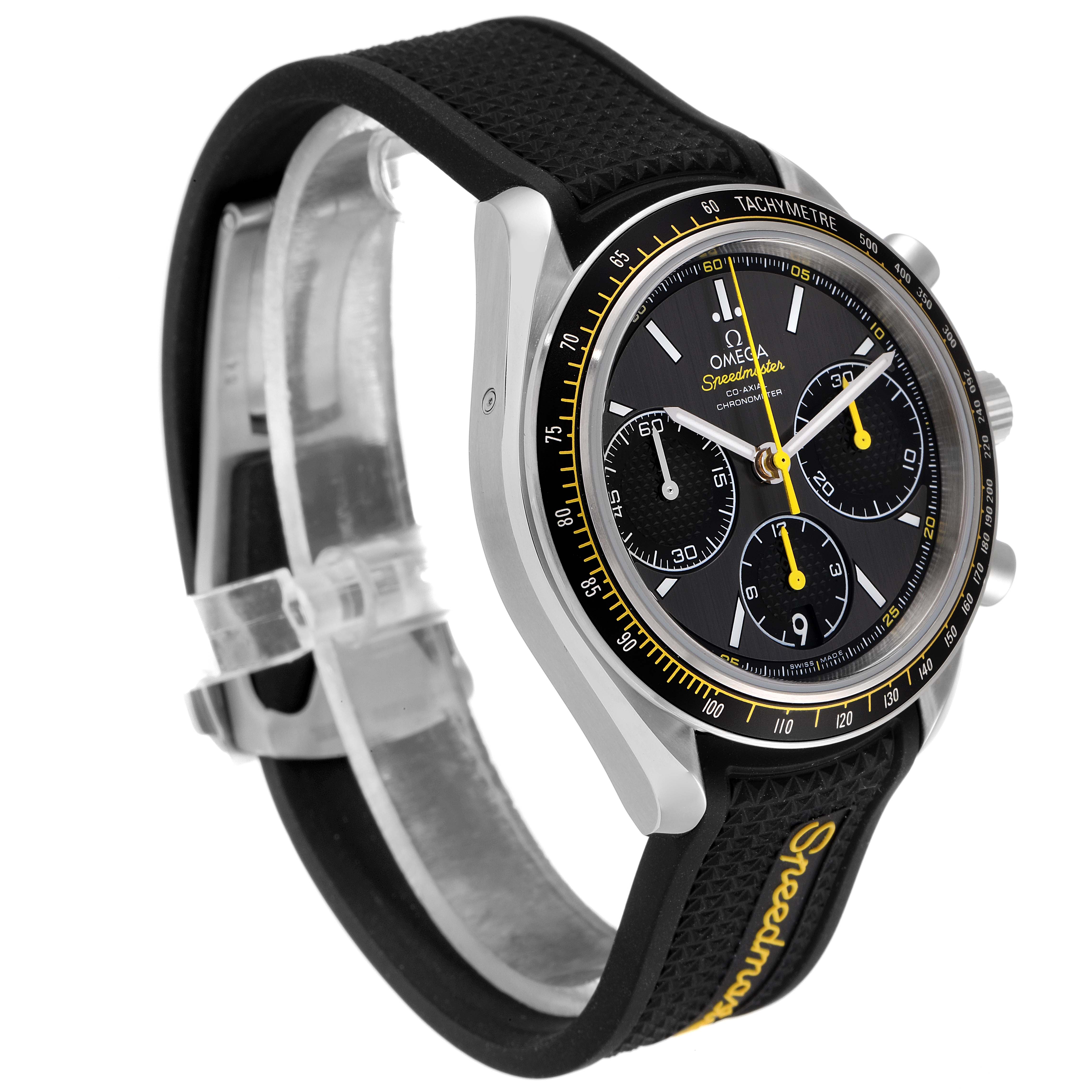 The image shows an Omega Speedmaster 326.32.40.50.06.001 Men's Stainless Steel Grey Dial 326.32.40.50.06.001 Men's Stainless Steel Grey Dial watch at a slight side angle, showcasing the face, bezel, and black strap.