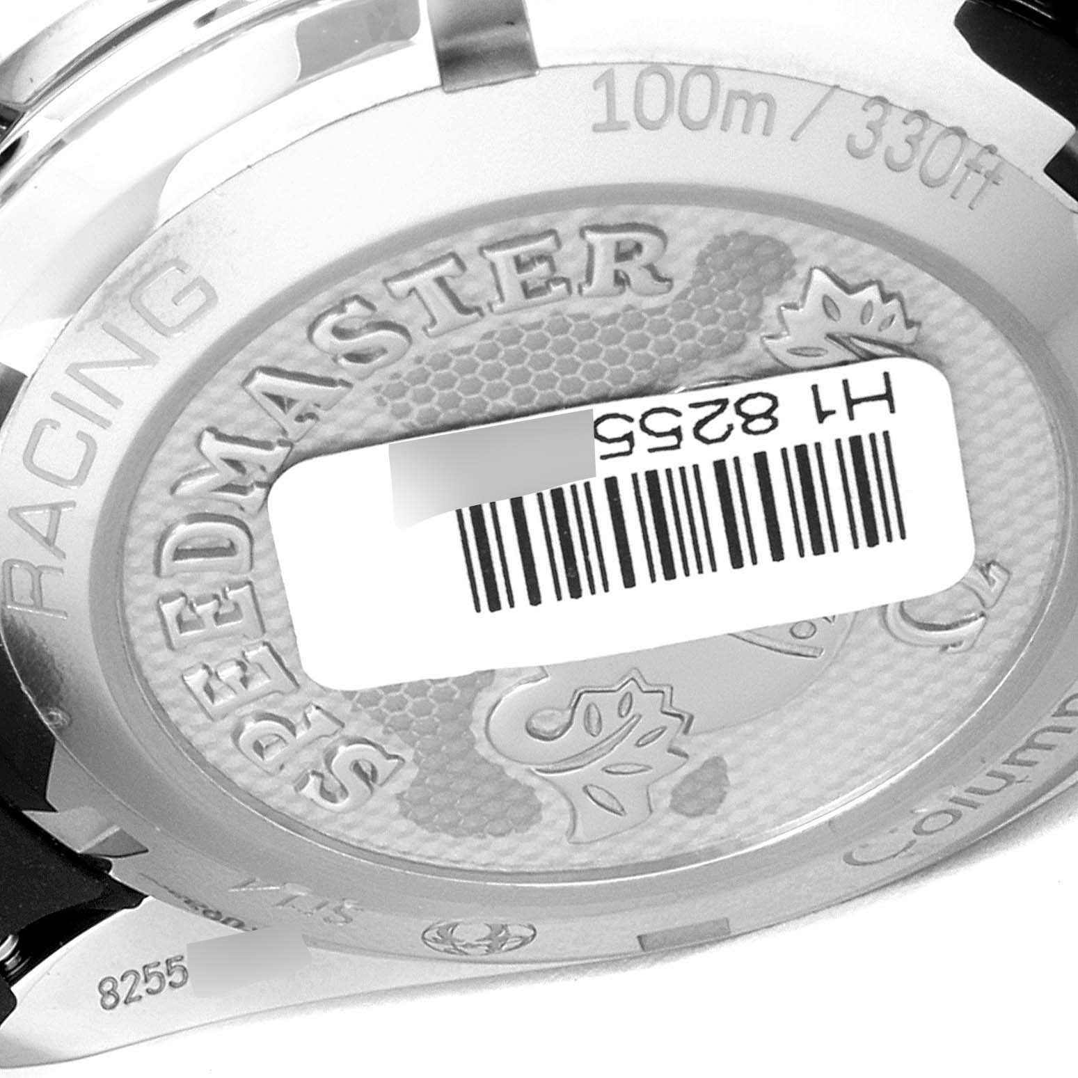 The image shows the back of an Omega Speedmaster 326.32.40.50.06.001 Men's Stainless Steel Grey Dial 326.32.40.50.06.001 Men's Stainless Steel Grey Dial watch, displaying the model name and water resistance.