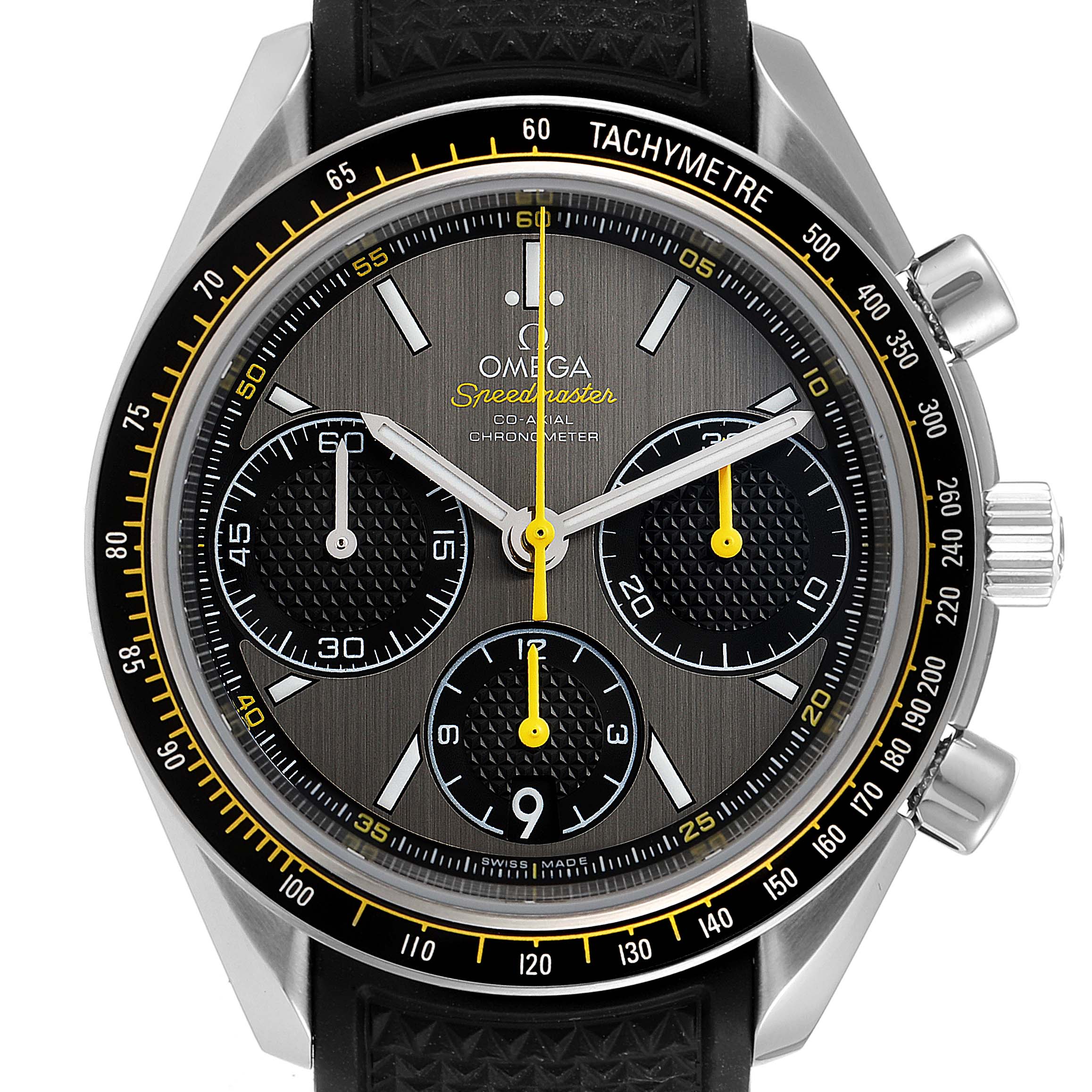 The image shows the front view of the Omega Speedmaster 326.32.40.50.06.001 Men's Stainless Steel Grey Dial 326.32.40.50.06.001 Men's Stainless Steel Grey Dial watch, highlighting the dial, subdials, and tachymeter bezel.