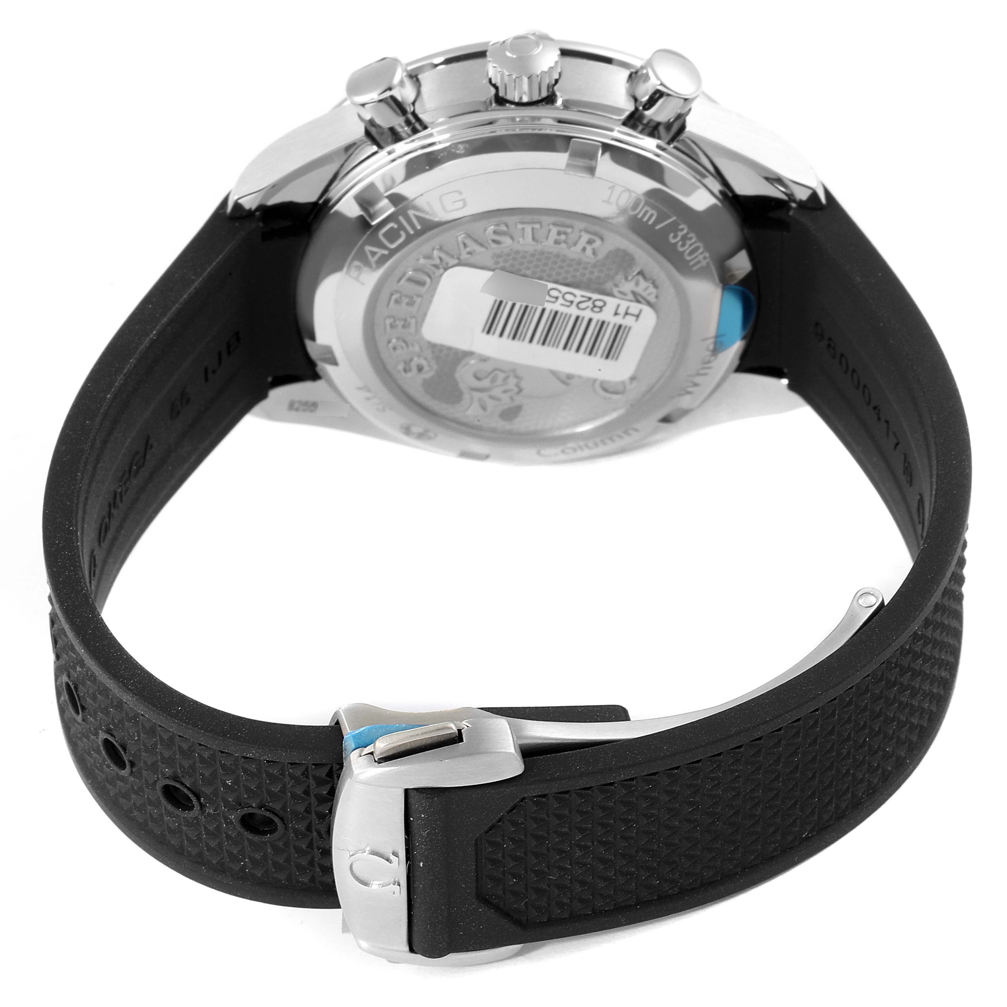 The image shows the back case, crown, pushers, and black strap of the Omega Speedmaster 326.32.40.50.06.001 Men's Stainless Steel Grey Dial 326.32.40.50.06.001 Men's Stainless Steel Grey Dial watch from a rear angle.