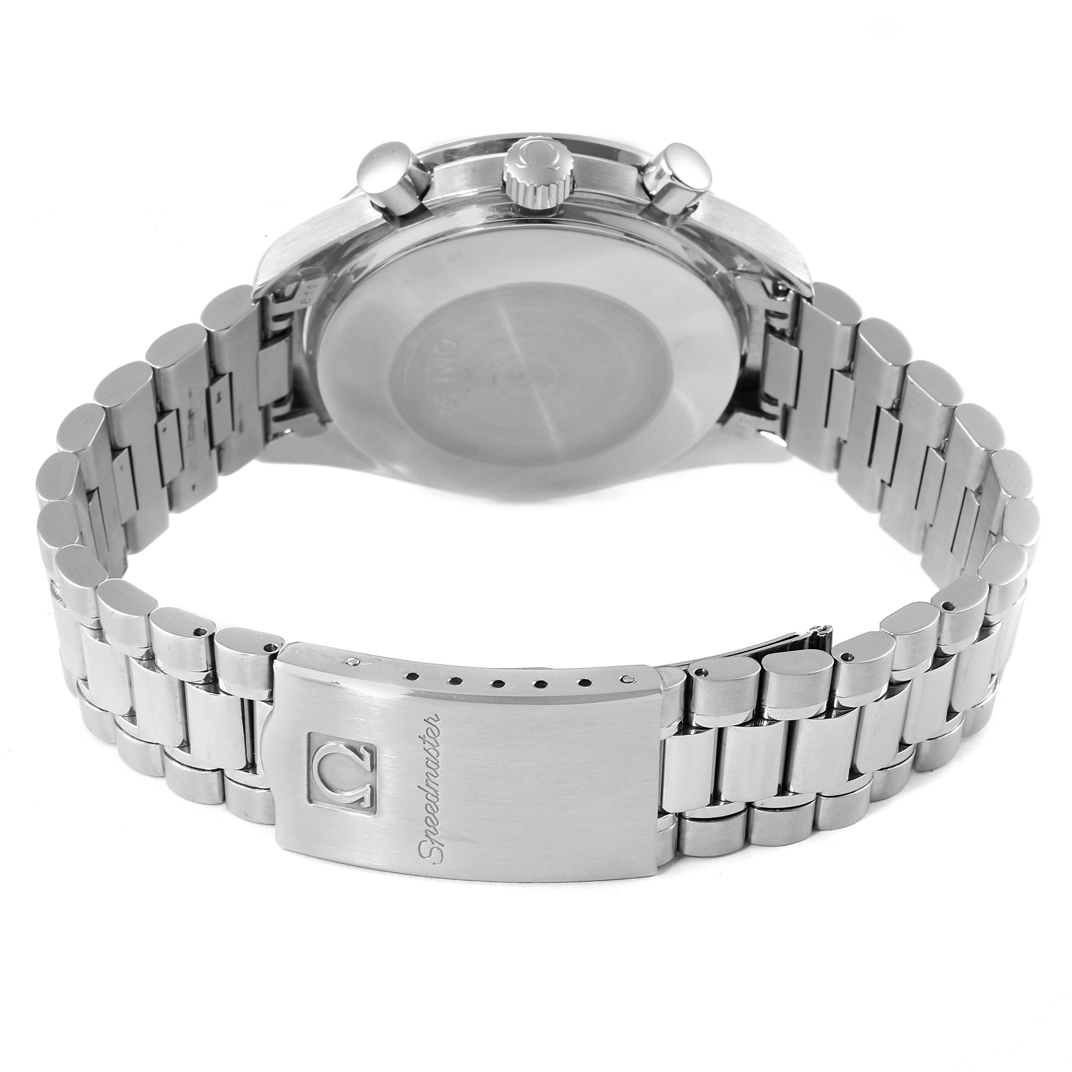 The Omega Speedmaster 3510.50.00 Men
s Stainless Steel Black Dial 3510.50.00 Men
s Stainless Steel Black Dial watch is shown from the back, highlighting the bracelet and clasp with the Speedmaster logo.