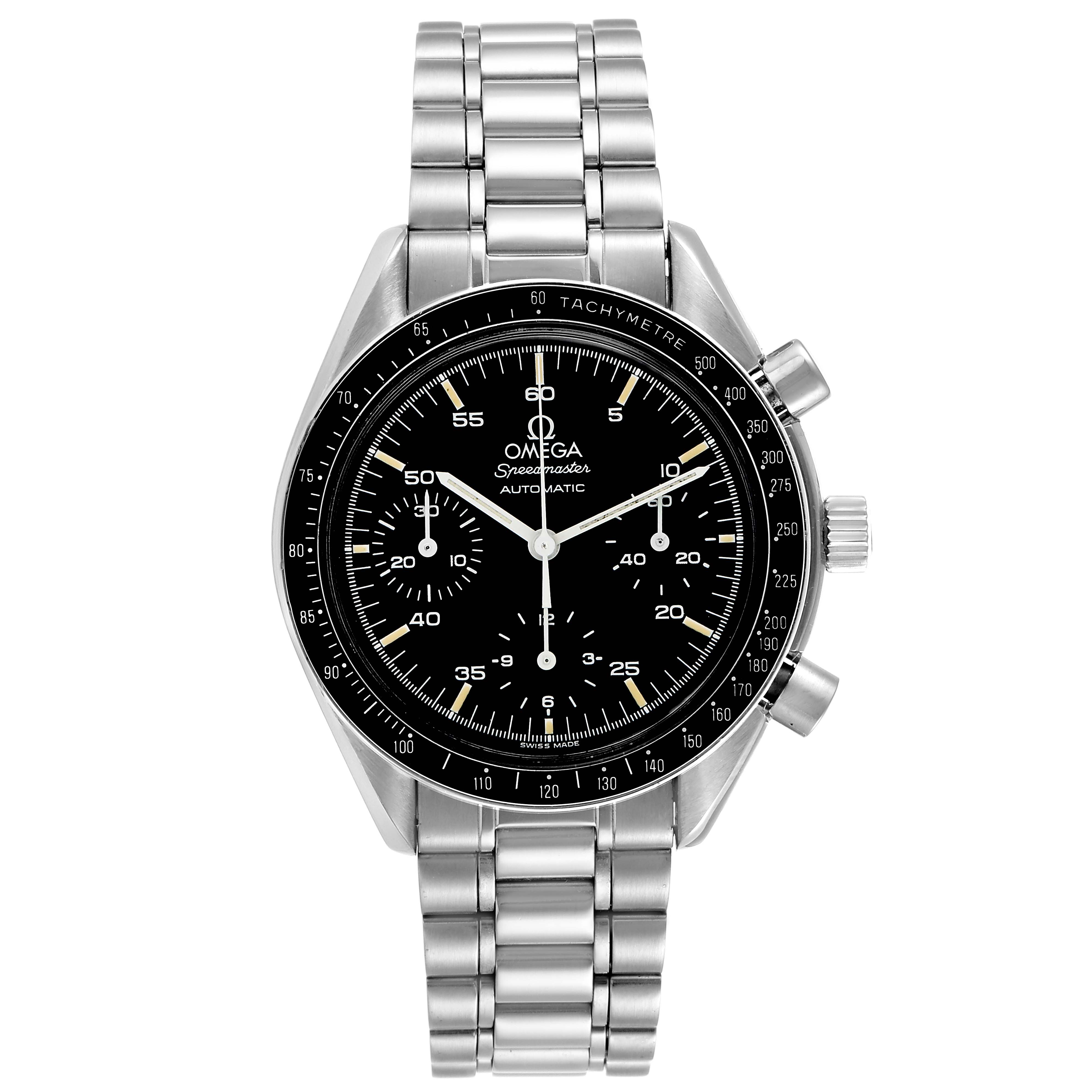 The image shows a frontal view of an Omega Speedmaster 3510.50.00 Men
s Stainless Steel Black Dial 3510.50.00 Men
s Stainless Steel Black Dial watch, highlighting the dial, tachymetre bezel, and metal bracelet.