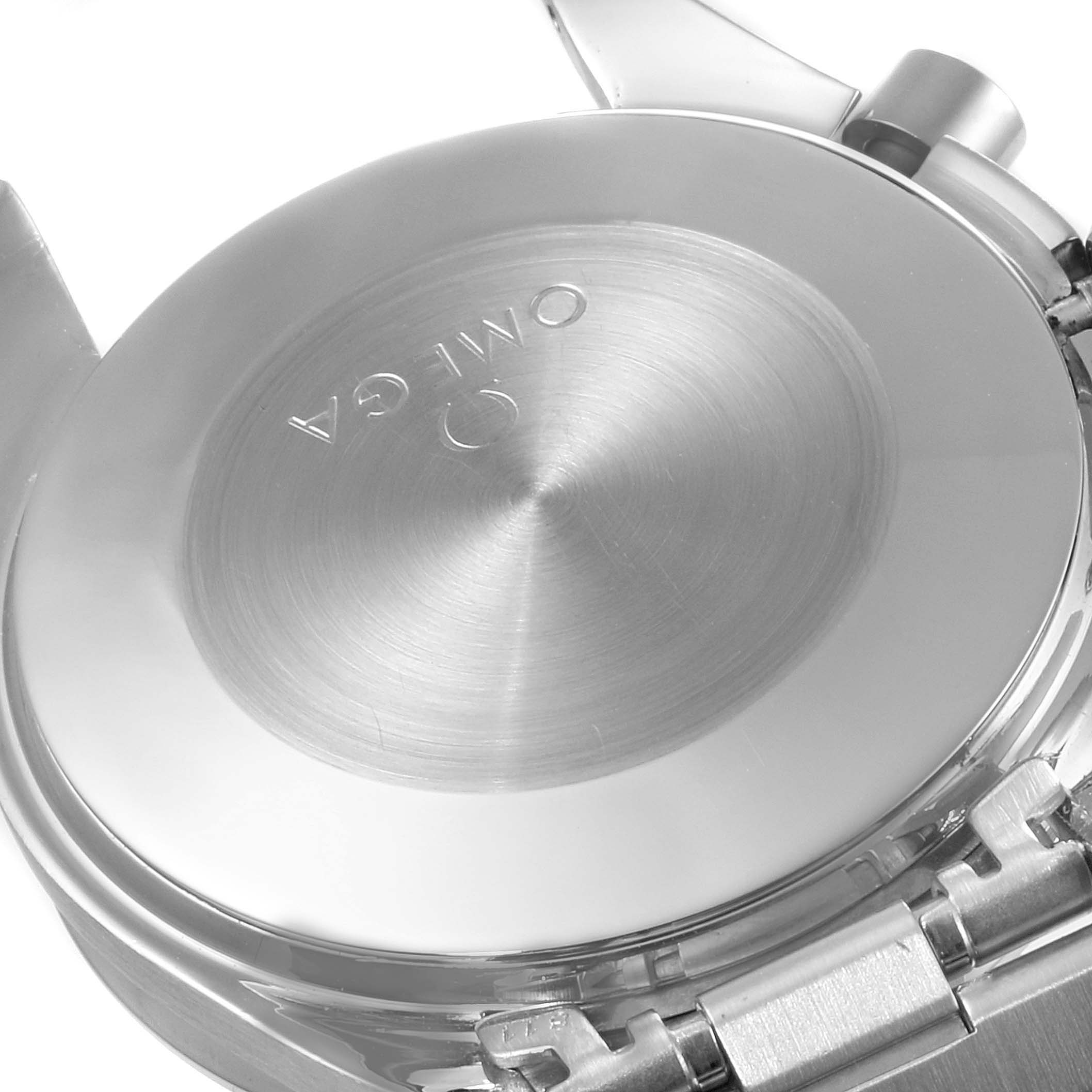 The image shows the back case of the Omega Speedmaster 3510.50.00 Men
s Stainless Steel Black Dial 3510.50.00 Men
s Stainless Steel Black Dial watch, highlighting its brushed metal texture and partially visible bracelet.