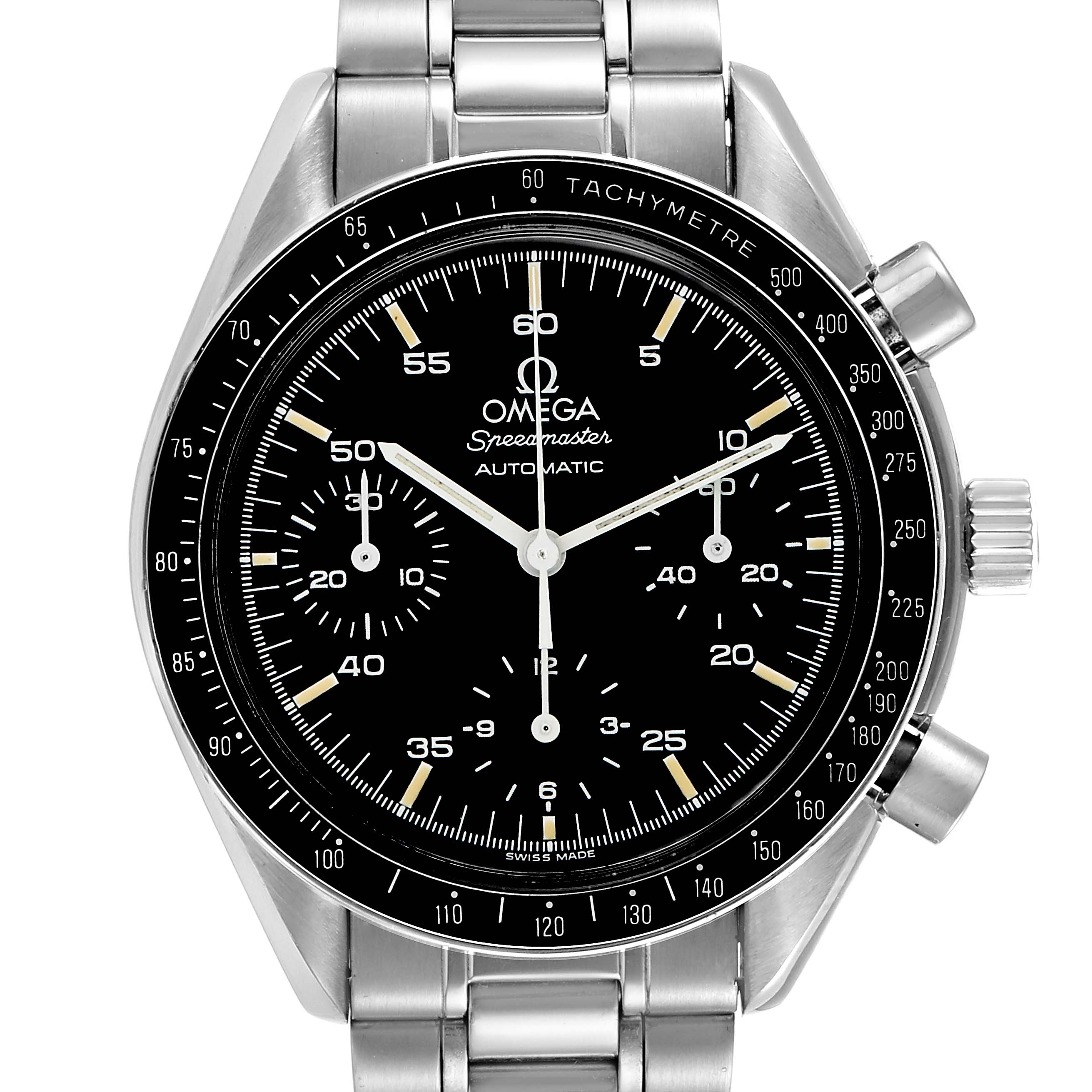 The Omega Speedmaster 3510.50.00 Men
s Stainless Steel Black Dial 3510.50.00 Men
s Stainless Steel Black Dial watch is shown from a front angle, displaying the dial, bezel, and bracelet.