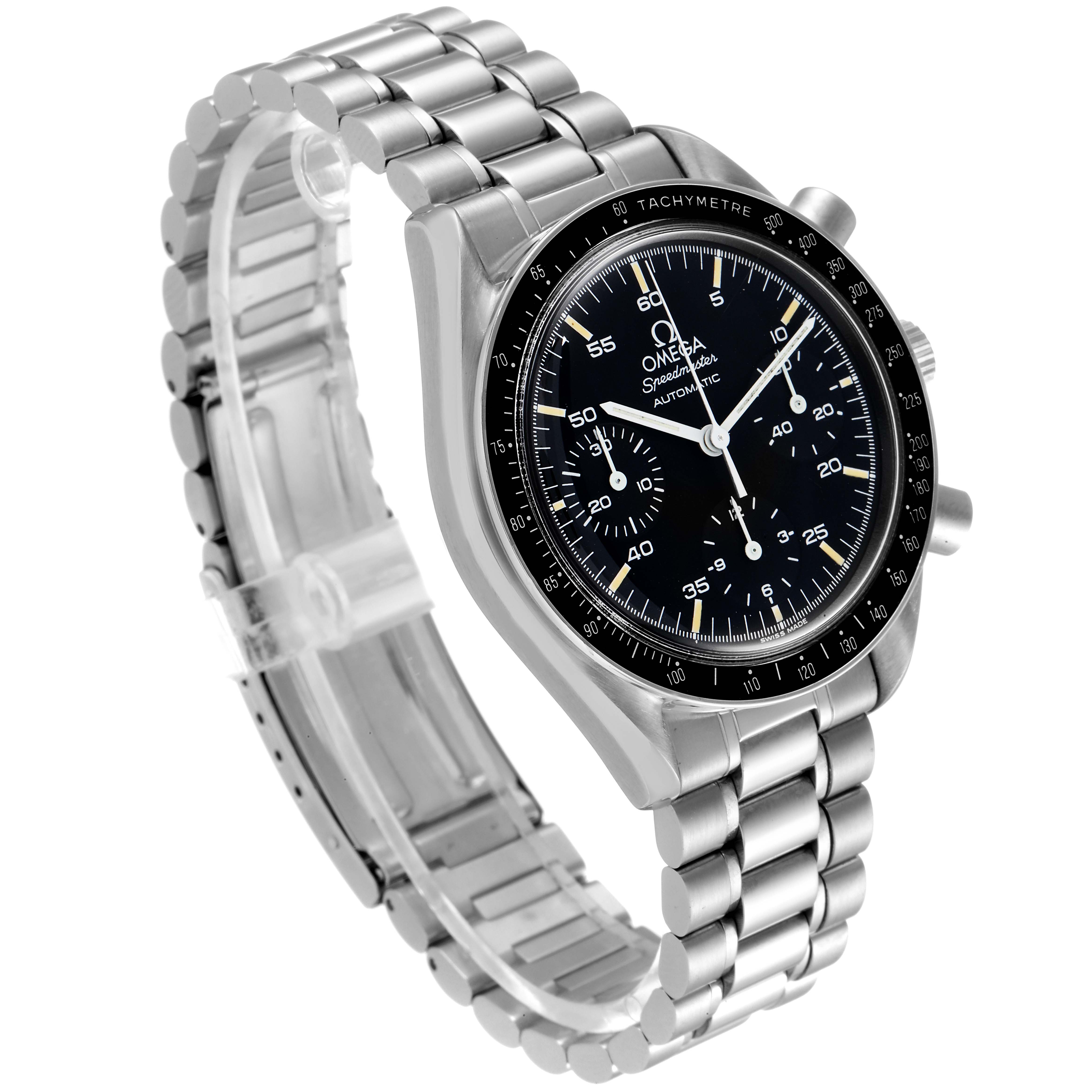 The image shows an Omega Speedmaster 3510.50.00 Men
s Stainless Steel Black Dial 3510.50.00 Men
s Stainless Steel Black Dial watch at an angled top-down view, highlighting the face, bezel, and metal bracelet band.