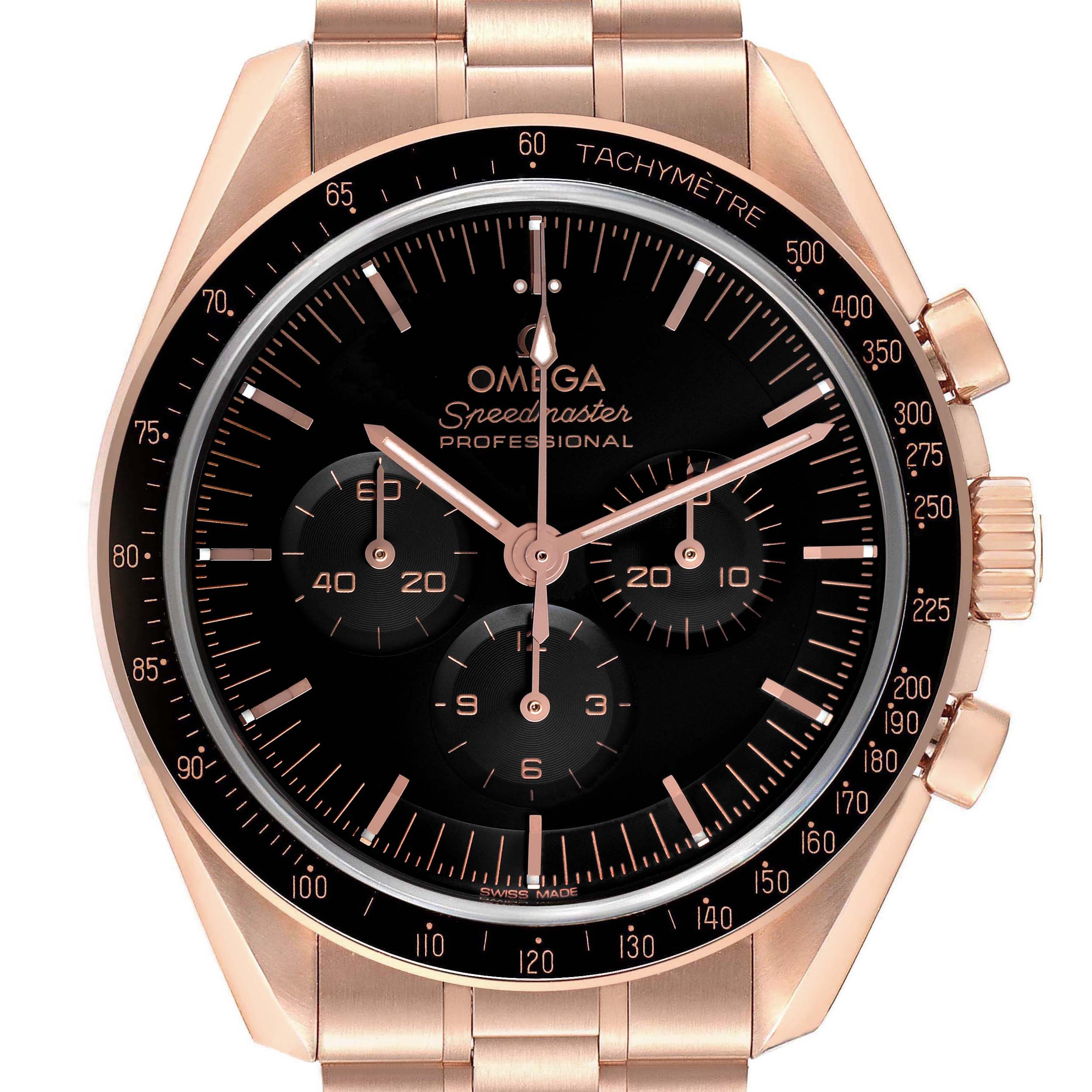 The Omega Speedmaster 310.60.42.50.01.001 Men's Rose Gold Black Dial watch is shown front-on, displaying the dial, chronograph subdials, and tachymeter bezel.