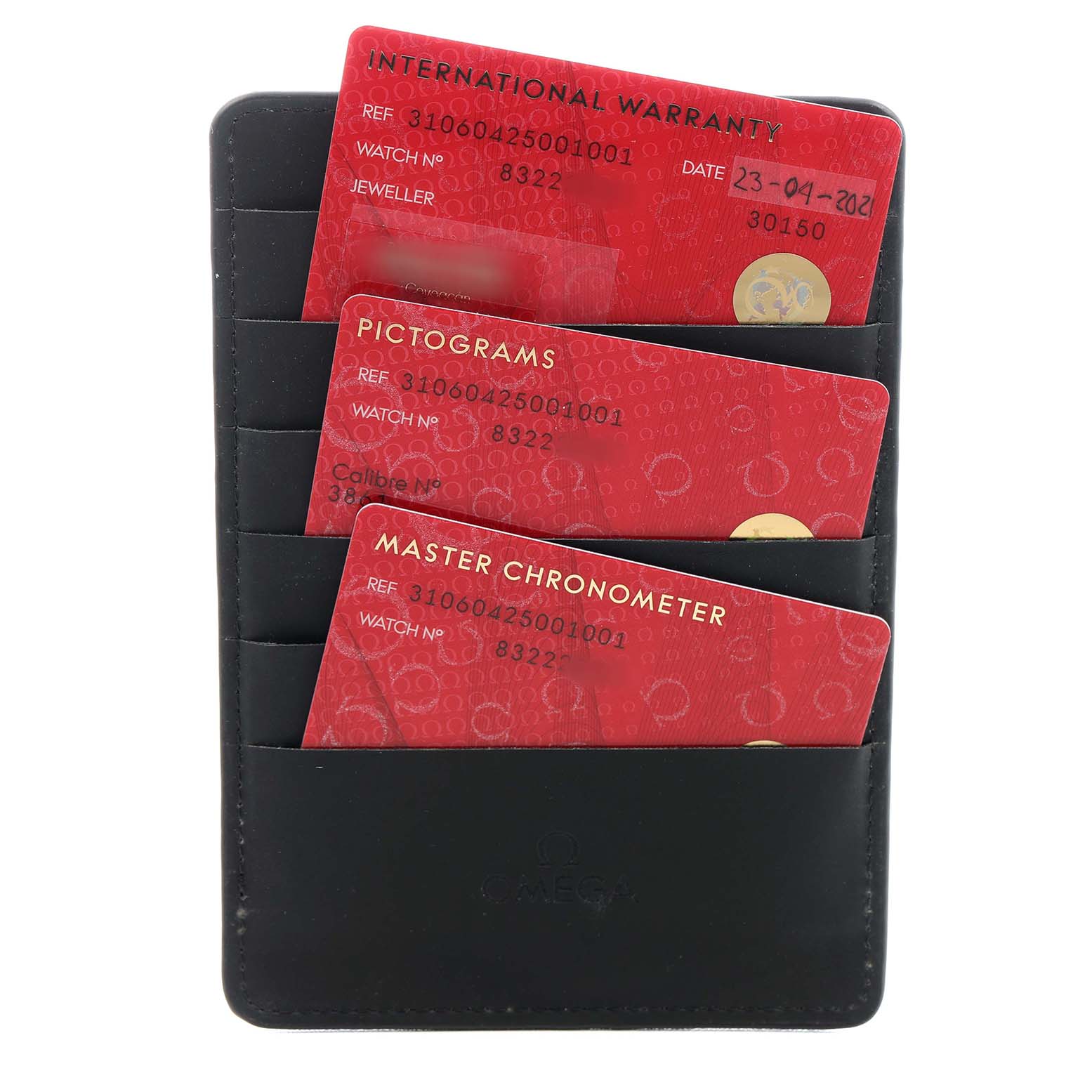 The image shows Omega Speedmaster 310.60.42.50.01.001 Men's Rose Gold Black Dial warranty and certification cards in a black holder, viewed from the front.
