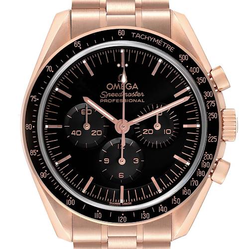 The Omega Speedmaster 310.60.42.50.01.001 Men's Rose Gold Black Dial watch is shown from the front, displaying the dial, subdials, tachymeter bezel, and part of the bracelet.