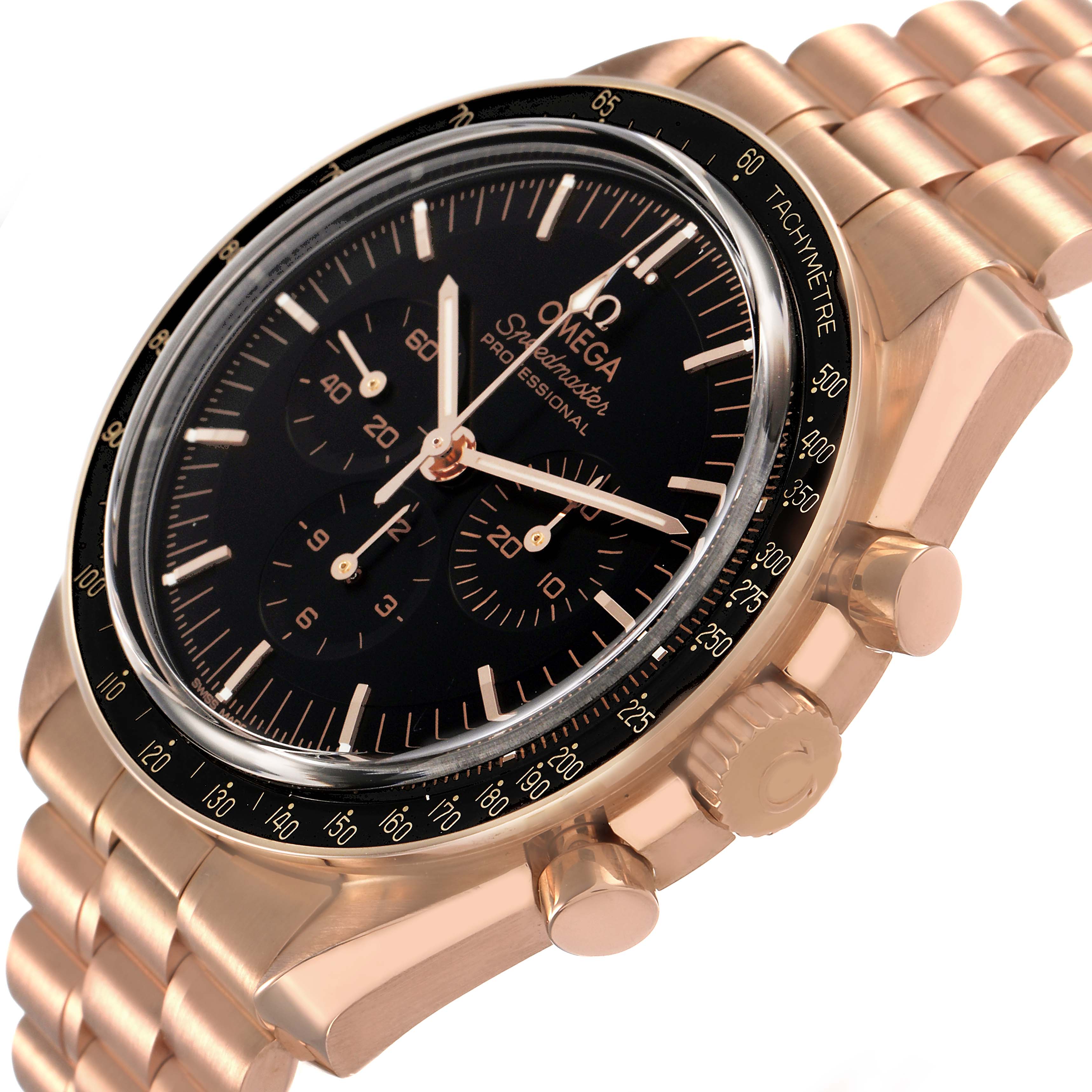 The Omega Speedmaster 310.60.42.50.01.001 Men's Rose Gold Black Dial watch is shown at an angle highlighting the dial, bezel, crown, pushers, and bracelet.
