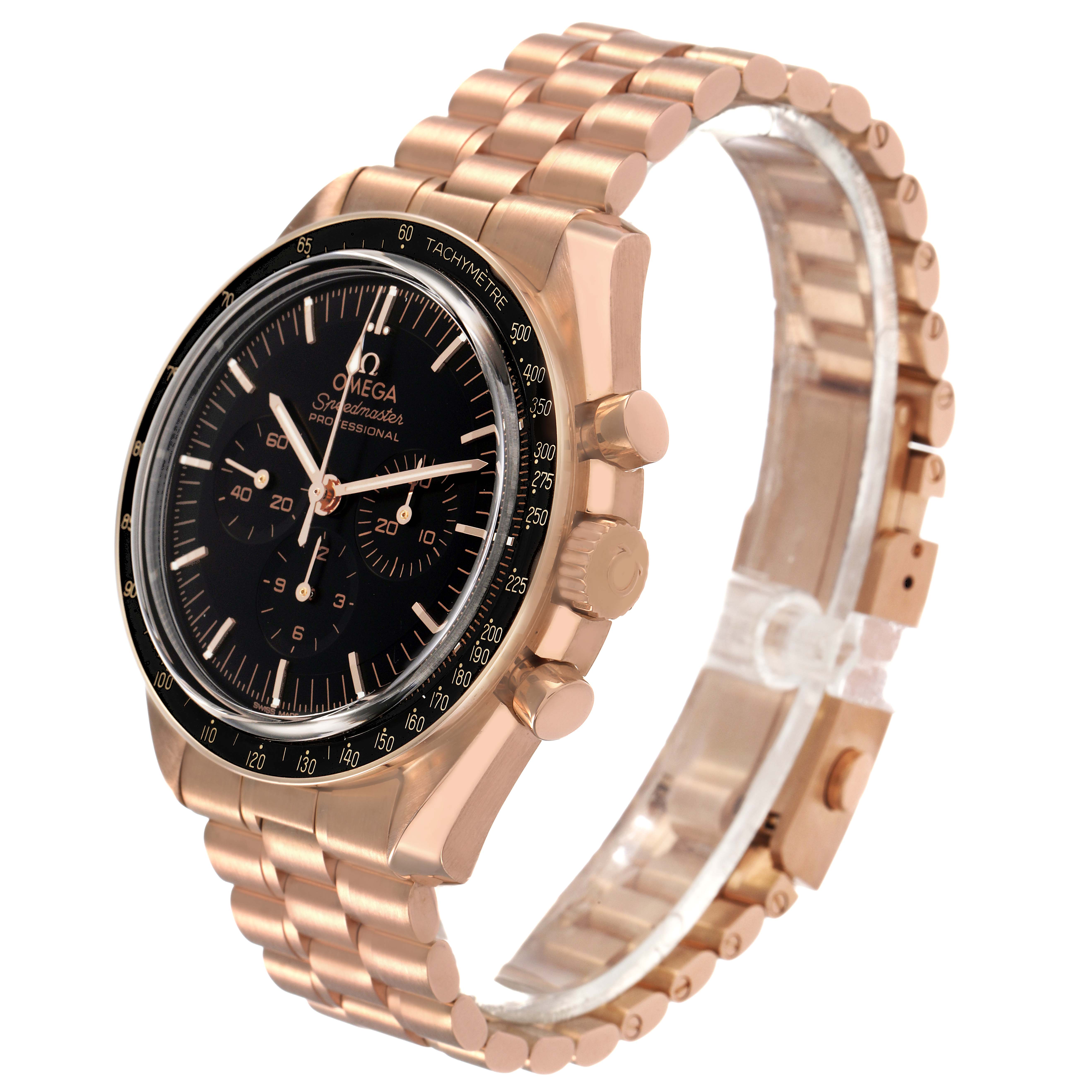 The Omega Speedmaster 310.60.42.50.01.001 Men's Rose Gold Black Dial watch is shown from a three-quarter angle, highlighting the dial, bezel, and metal bracelet.