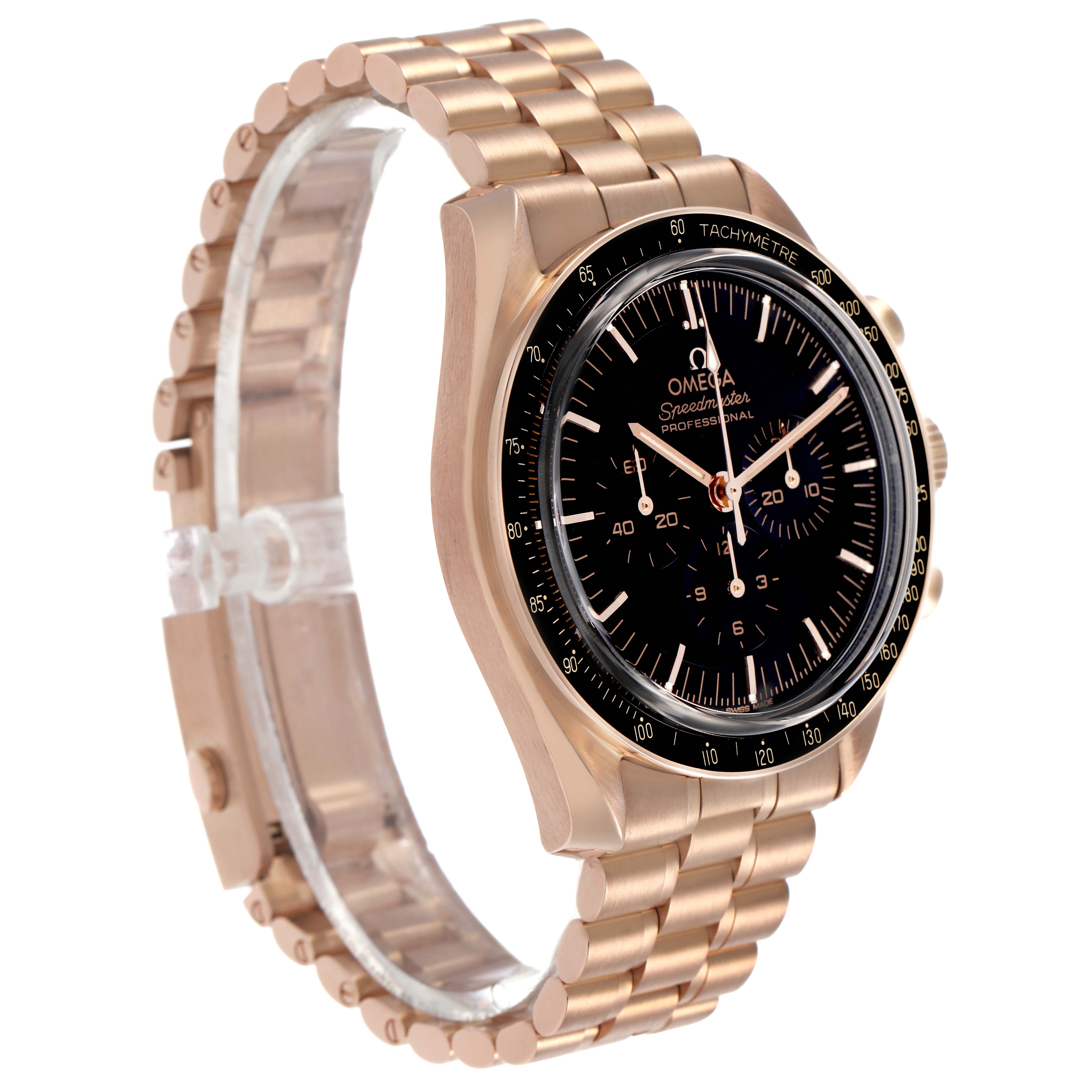 The Omega Speedmaster 310.60.42.50.01.001 Men's Rose Gold Black Dial watch is shown at a side angle, highlighting the case, black dial, bracelet, and tachymeter bezel.