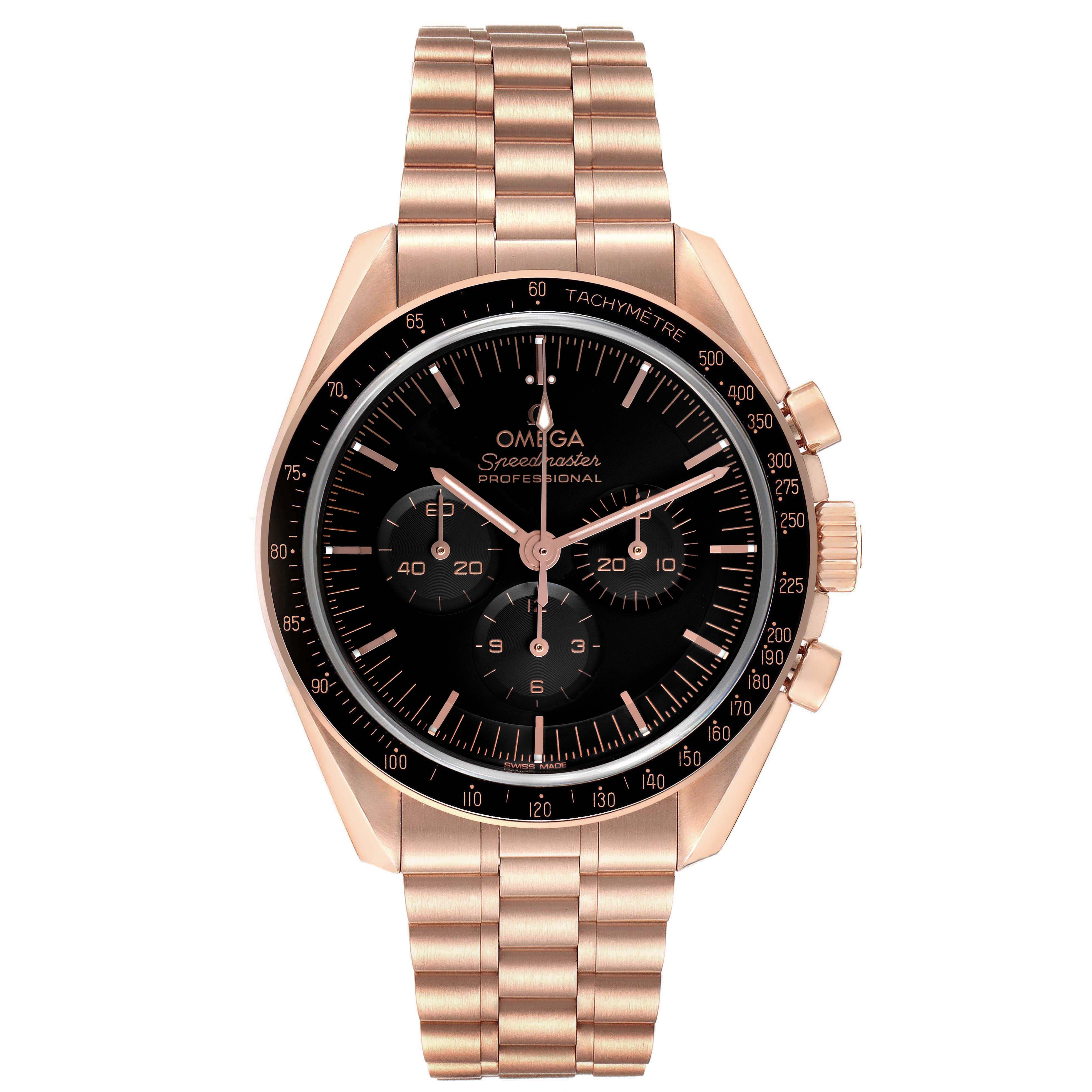 The Omega Speedmaster 310.60.42.50.01.001 Men's Rose Gold Black Dial is shown from the front, highlighting the dial, bezel, and bracelet.