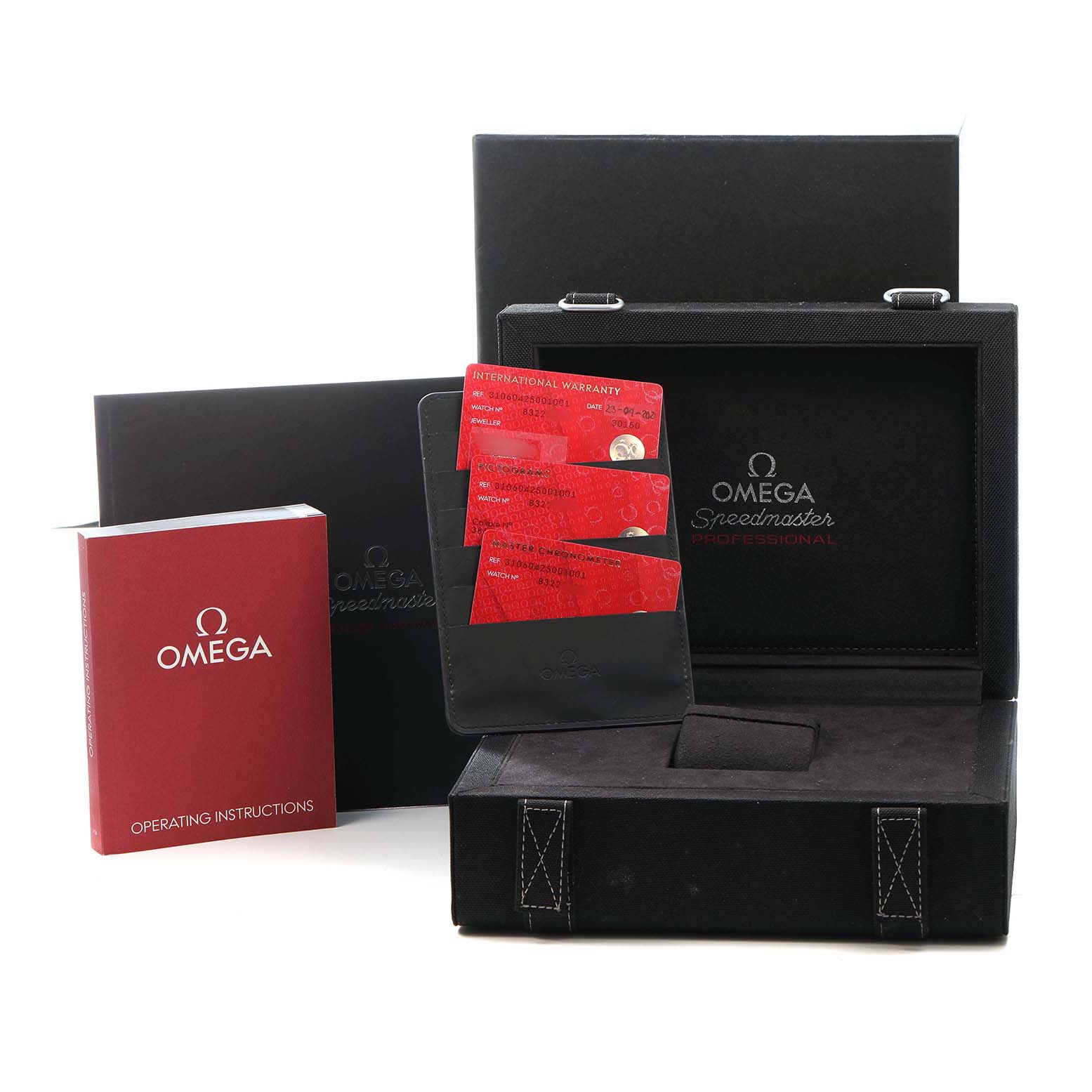 The image shows the packaging and accessories for the Omega Speedmaster 310.60.42.50.01.001 Men's Rose Gold Black Dial, including the box, cards, and instruction booklet.