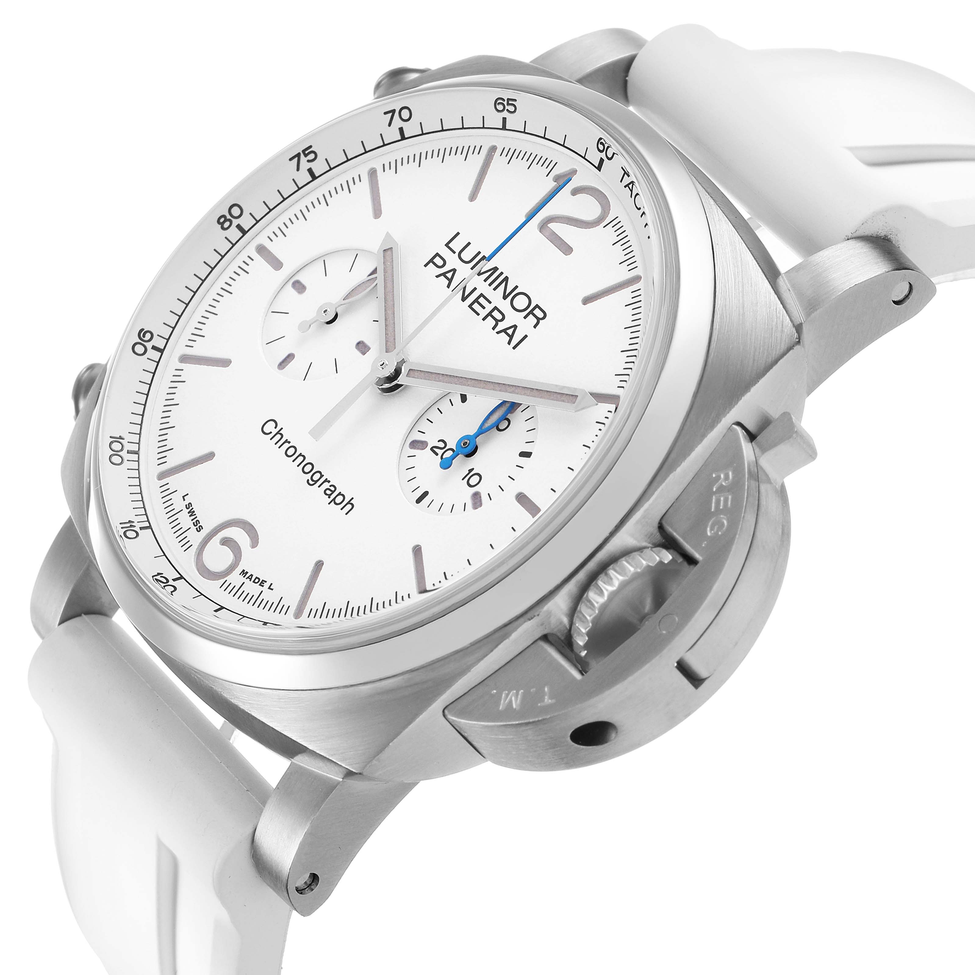 The Panerai Luminor PAM01218 Men's Stainless Steel White Dial model is shown at a three-quarter angle, highlighting the chronograph dials and crown guard.