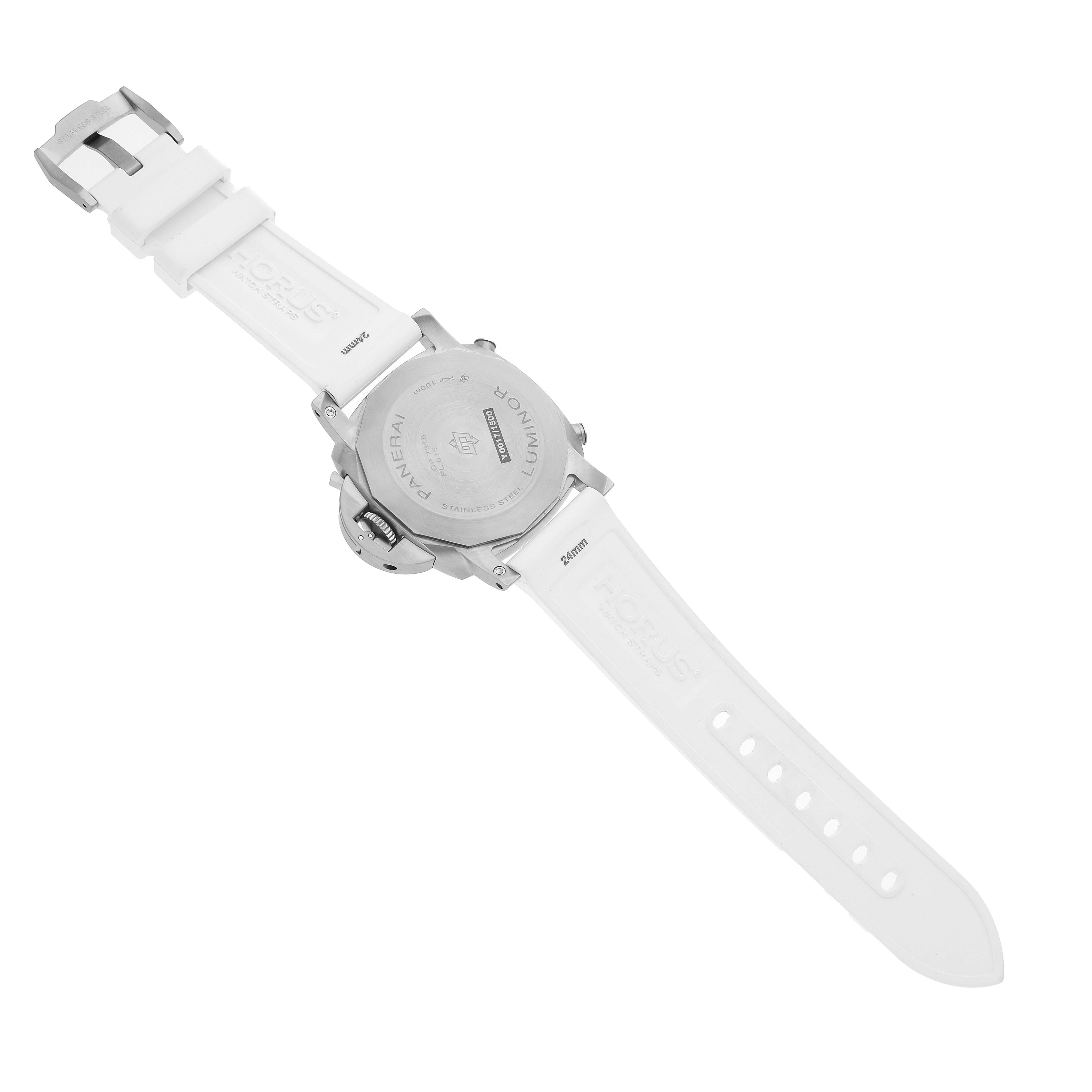 The Panerai Luminor PAM01218 Men's Stainless Steel White Dial watch is shown from the back, displaying the case back, crown guard, and white strap.