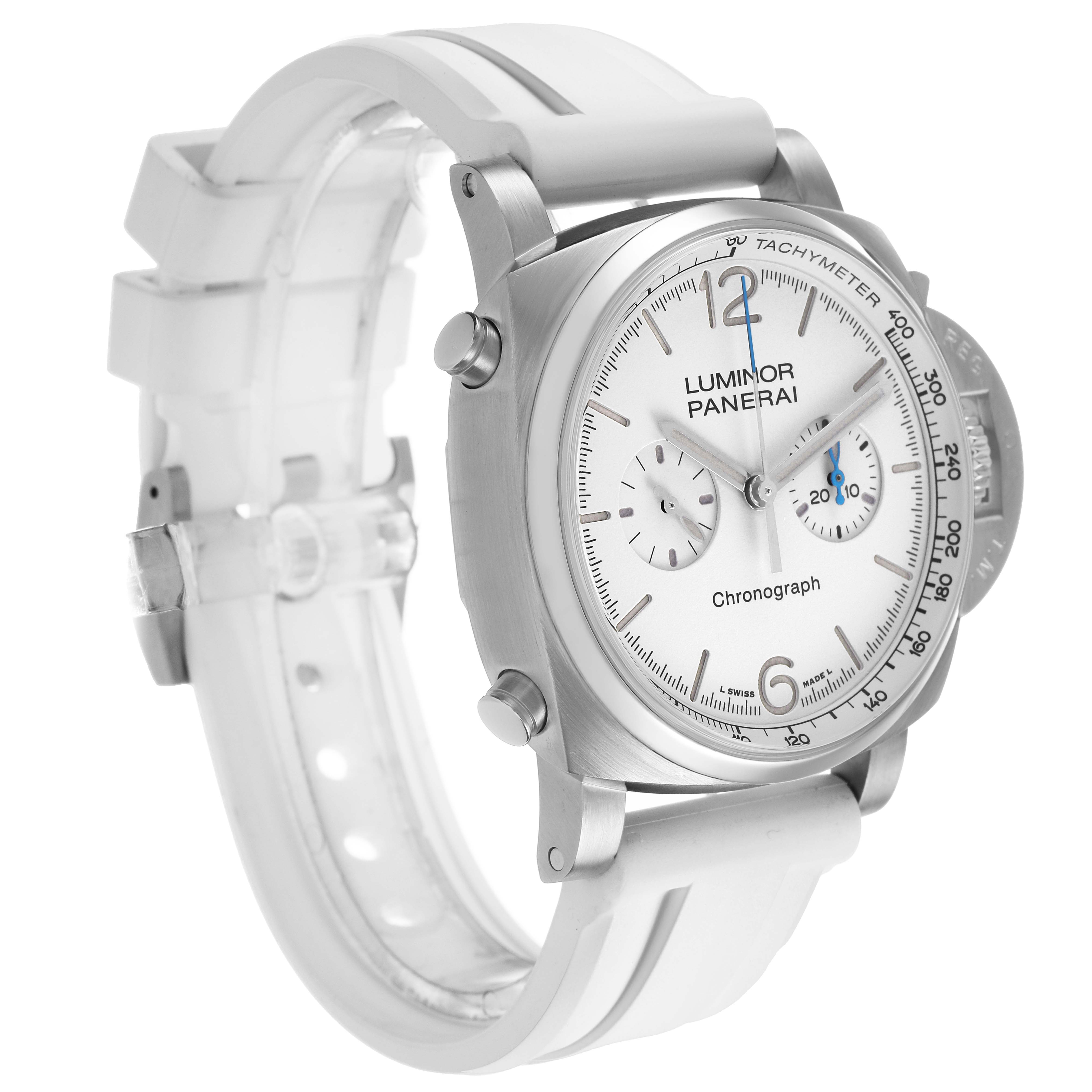 The Panerai Luminor PAM01218 Men's Stainless Steel White Dial watch is shown at a side angle, displaying its chronograph dial and white strap.