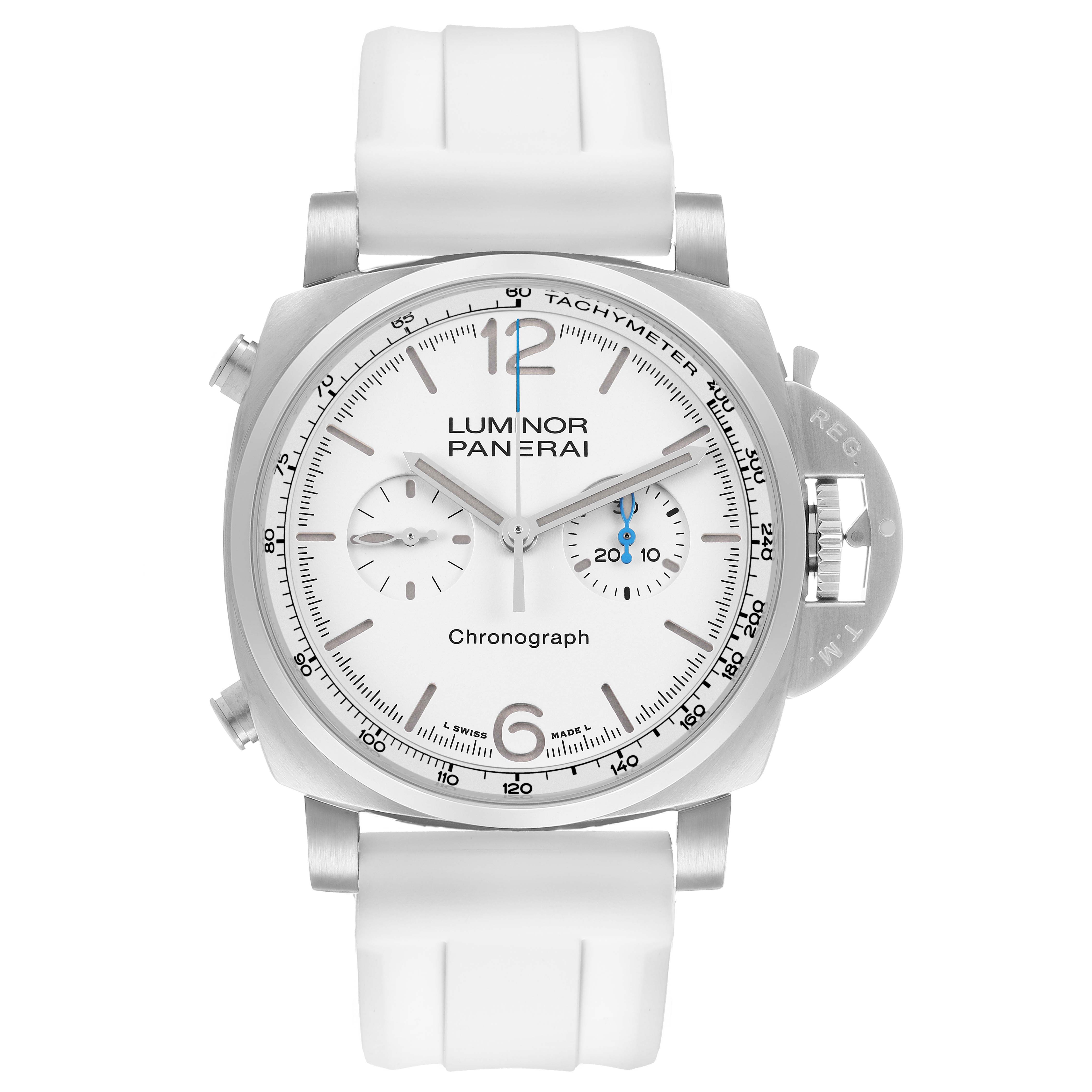 The Panerai Luminor PAM01218 Men's Stainless Steel White Dial watch is shown from a front angle, highlighting the face, bezel, and white strap, with a focus on the chronograph features.