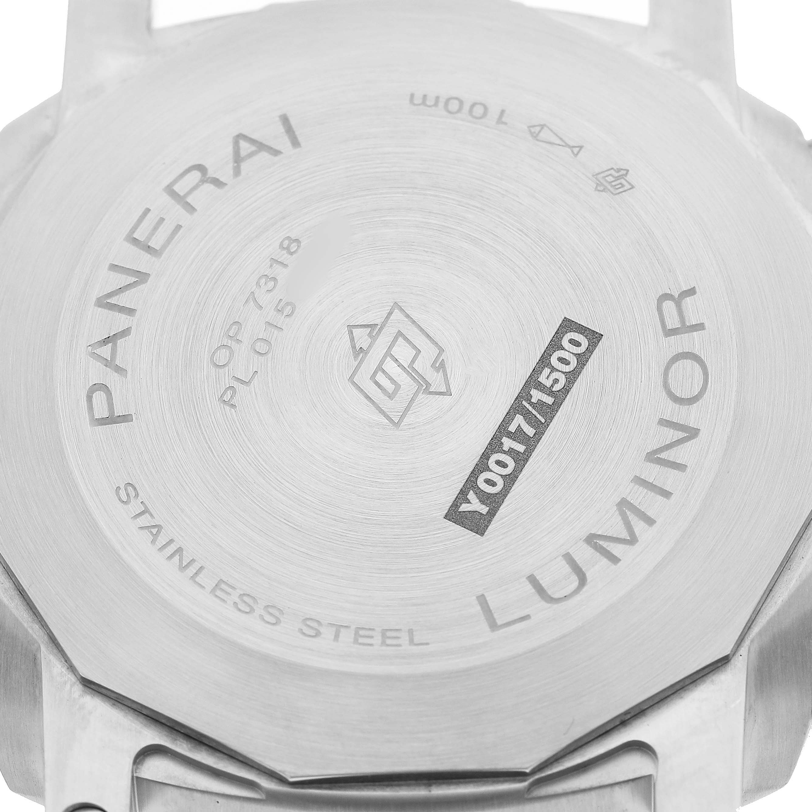 The image shows the back view of a Panerai Luminor PAM01218 Men's Stainless Steel White Dial watch, including the stainless steel case back and engravings.