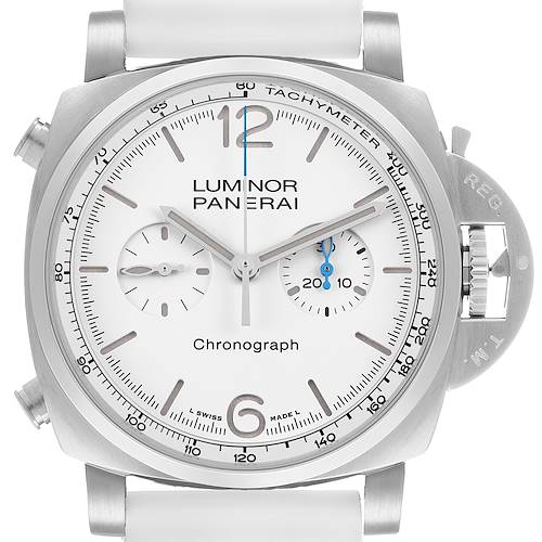 The Panerai Luminor PAM01218 Men's Stainless Steel White Dial watch is shown from a front angle, highlighting the dial, tachymeter, chrono subdials, and crown guard.
