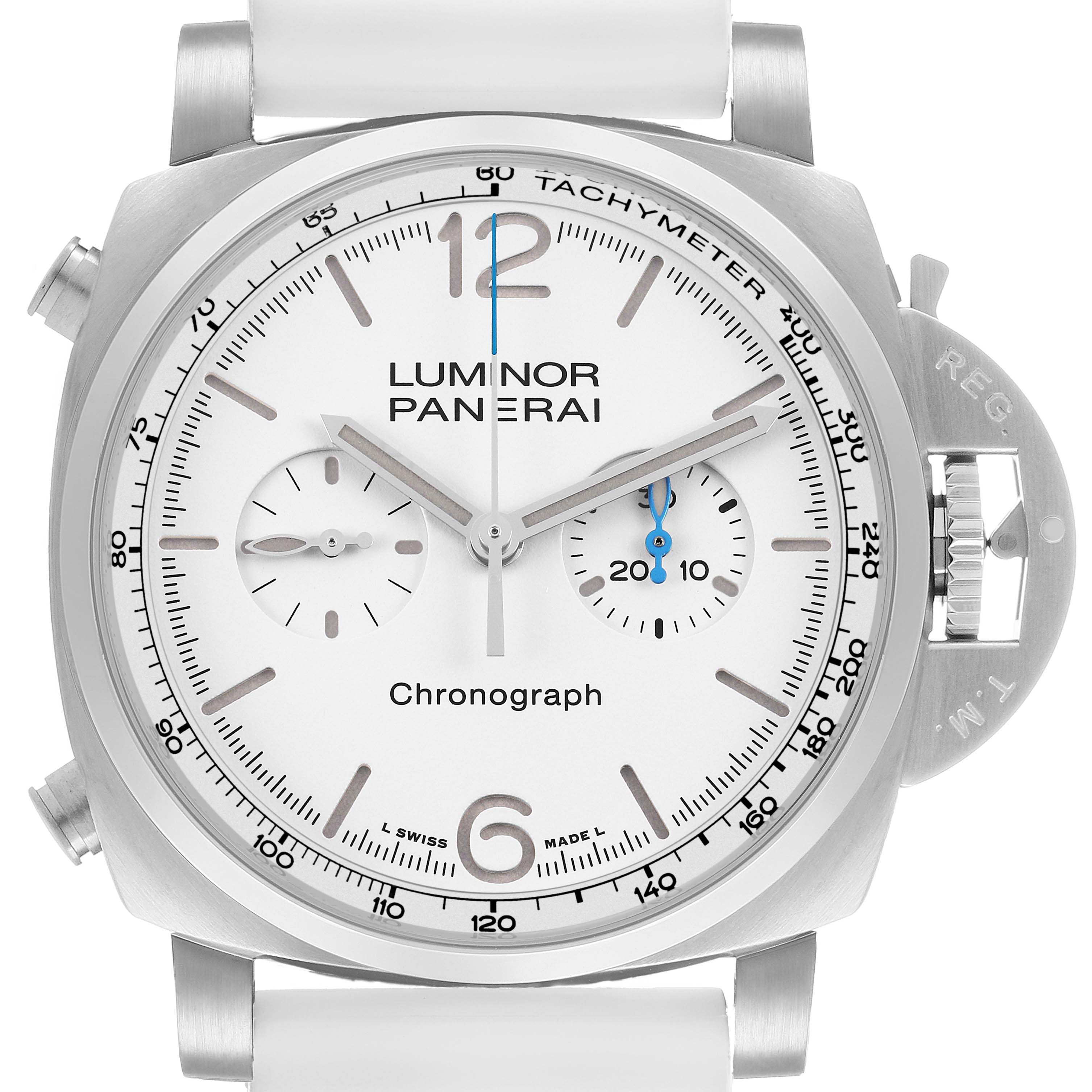 The Panerai Luminor PAM01218 Men's Stainless Steel White Dial watch is shown from a front angle, highlighting its dial, tachymeter scale, subdials, and crown guard.