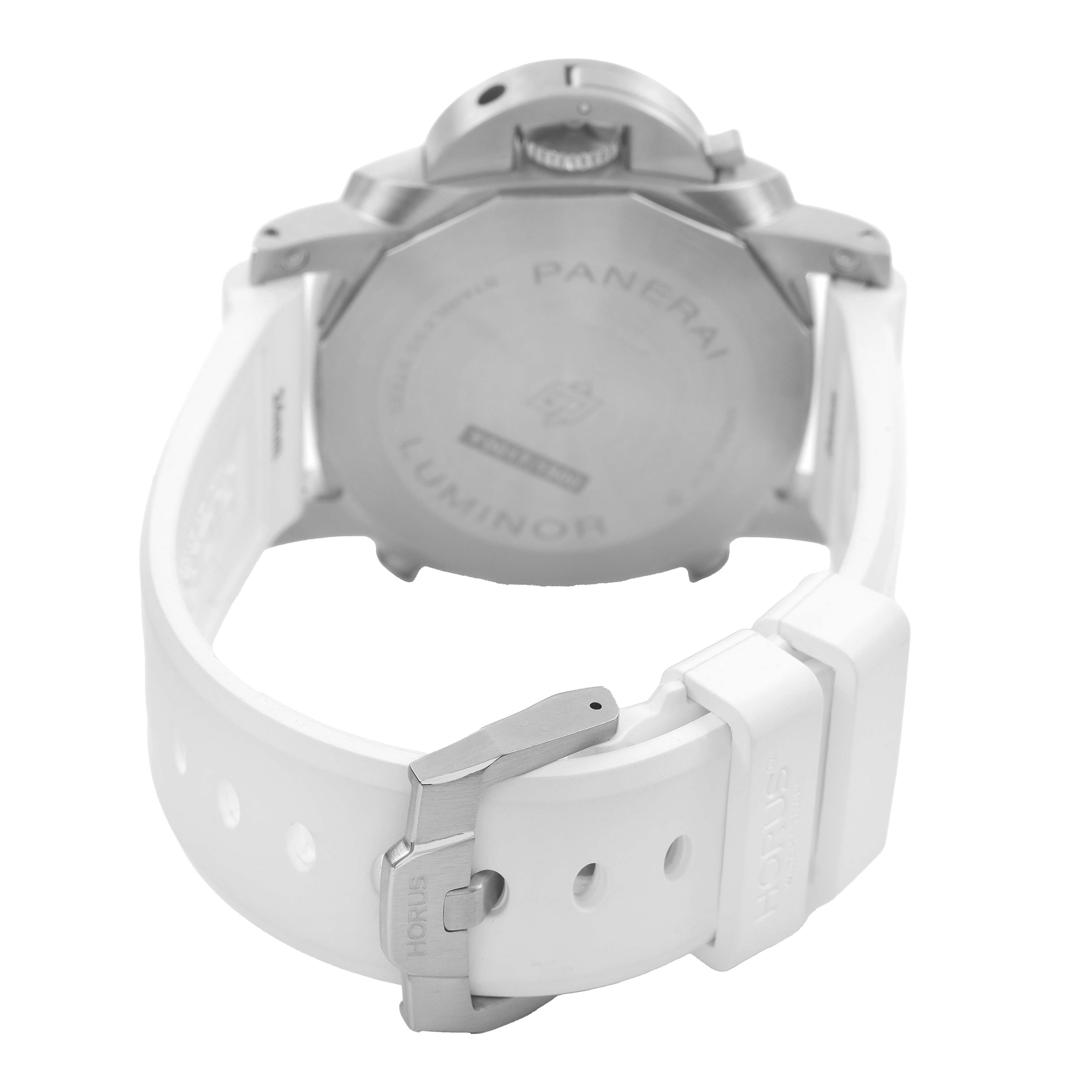 The image shows the back view of a Panerai Luminor PAM01218 Men's Stainless Steel White Dial watch, highlighting the case back and white strap with a buckle.