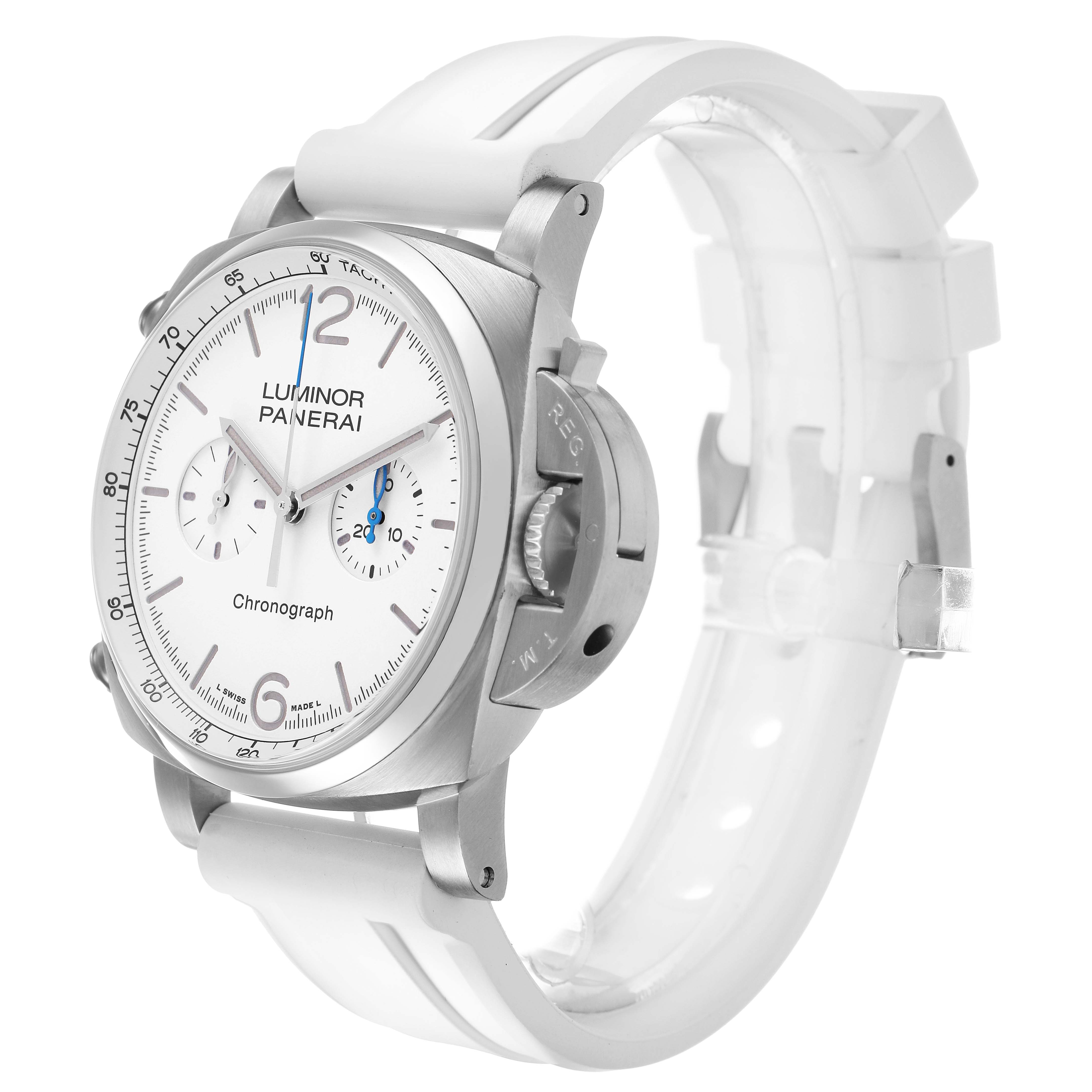 The Panerai Luminor PAM01218 Men's Stainless Steel White Dial watch is shown at a three-quarter angle, highlighting the face, crown, and white strap.
