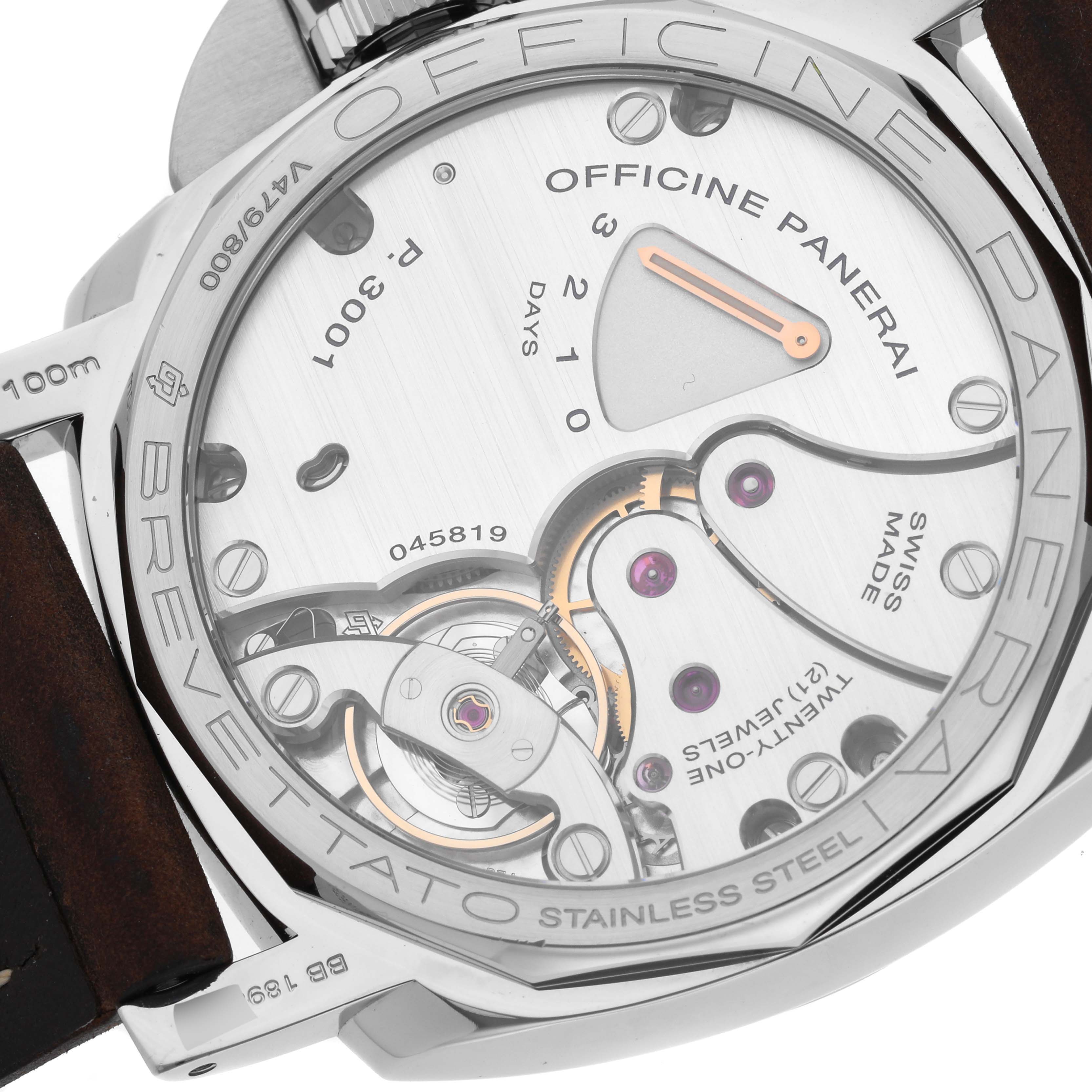 This image shows the back view of the Panerai Luminor PAM00422 Men
s Stainless Steel Black Dial PAM00422 Men
s Stainless Steel Black Dial watch, revealing the internal mechanisms and movement details.