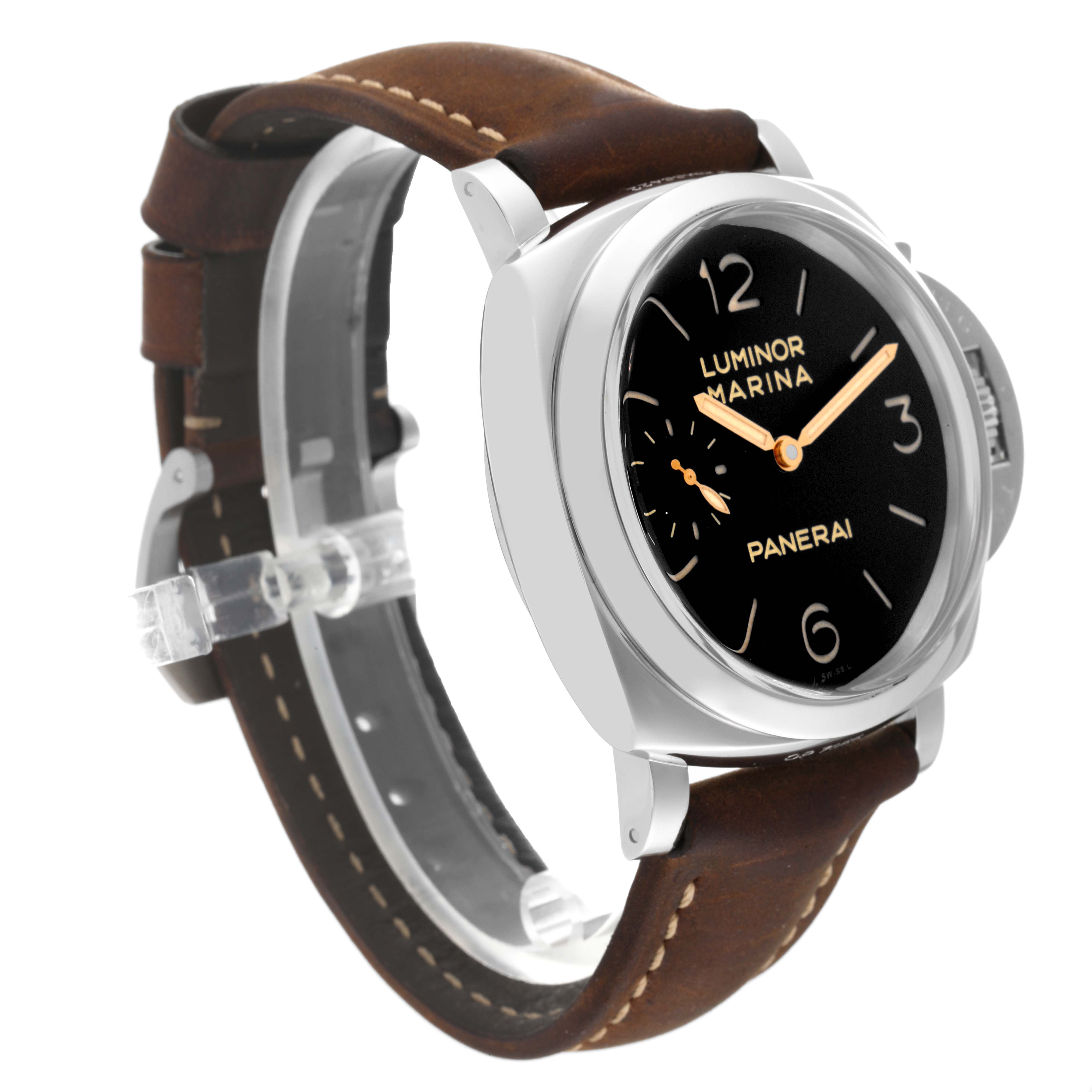 The image shows a Panerai Luminor PAM00422 Men
s Stainless Steel Black Dial PAM00422 Men
s Stainless Steel Black Dial watch at a three-quarter angle, featuring a black dial, brown leather strap, and silver case.