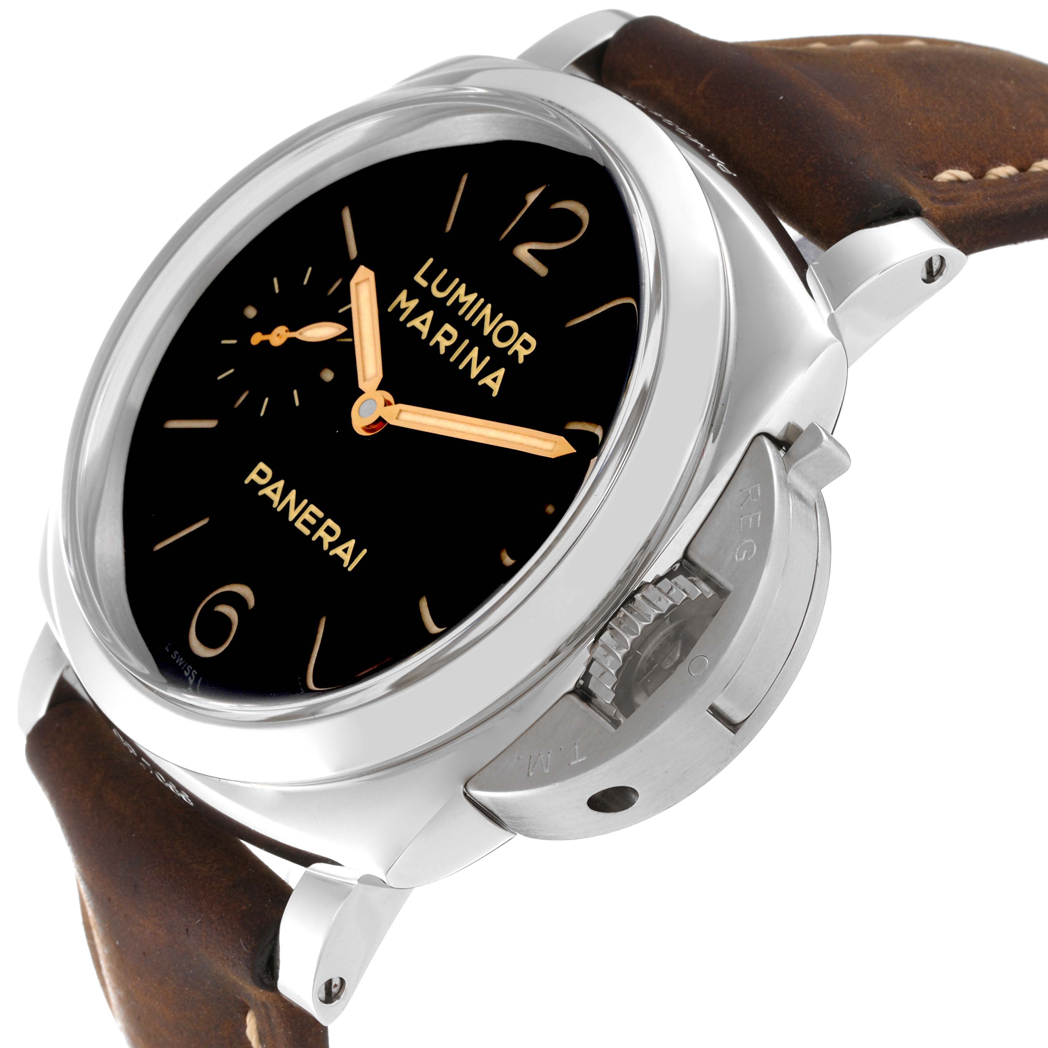 The image shows a Panerai Luminor PAM00422 Men
s Stainless Steel Black Dial PAM00422 Men
s Stainless Steel Black Dial model watch from an angle emphasizing the case, crown guard, dial, and brown leather strap.
