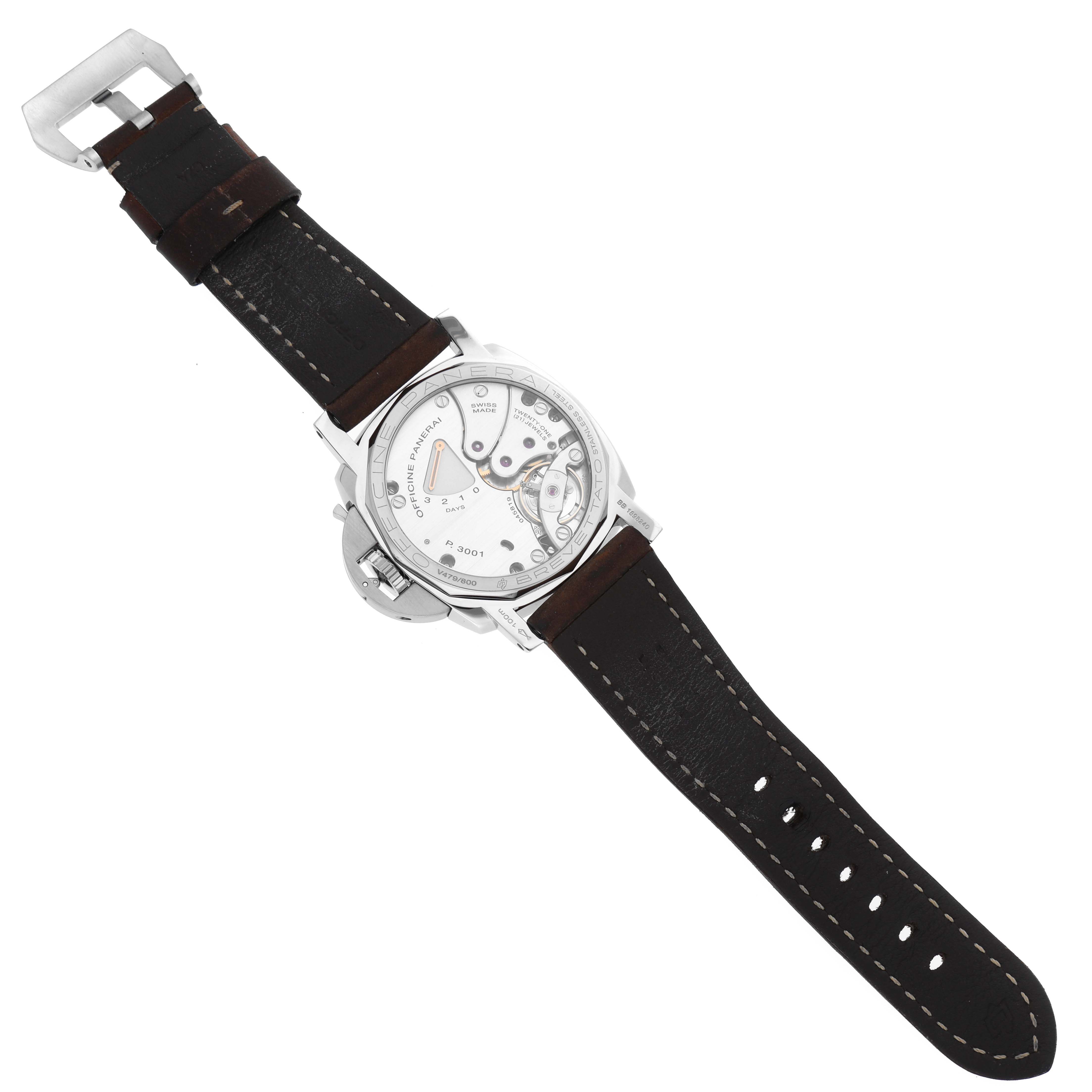 The image shows the back view of a Panerai Luminor PAM00422 Men
s Stainless Steel Black Dial PAM00422 Men
s Stainless Steel Black Dial watch, revealing its mechanical movement and brown leather strap.