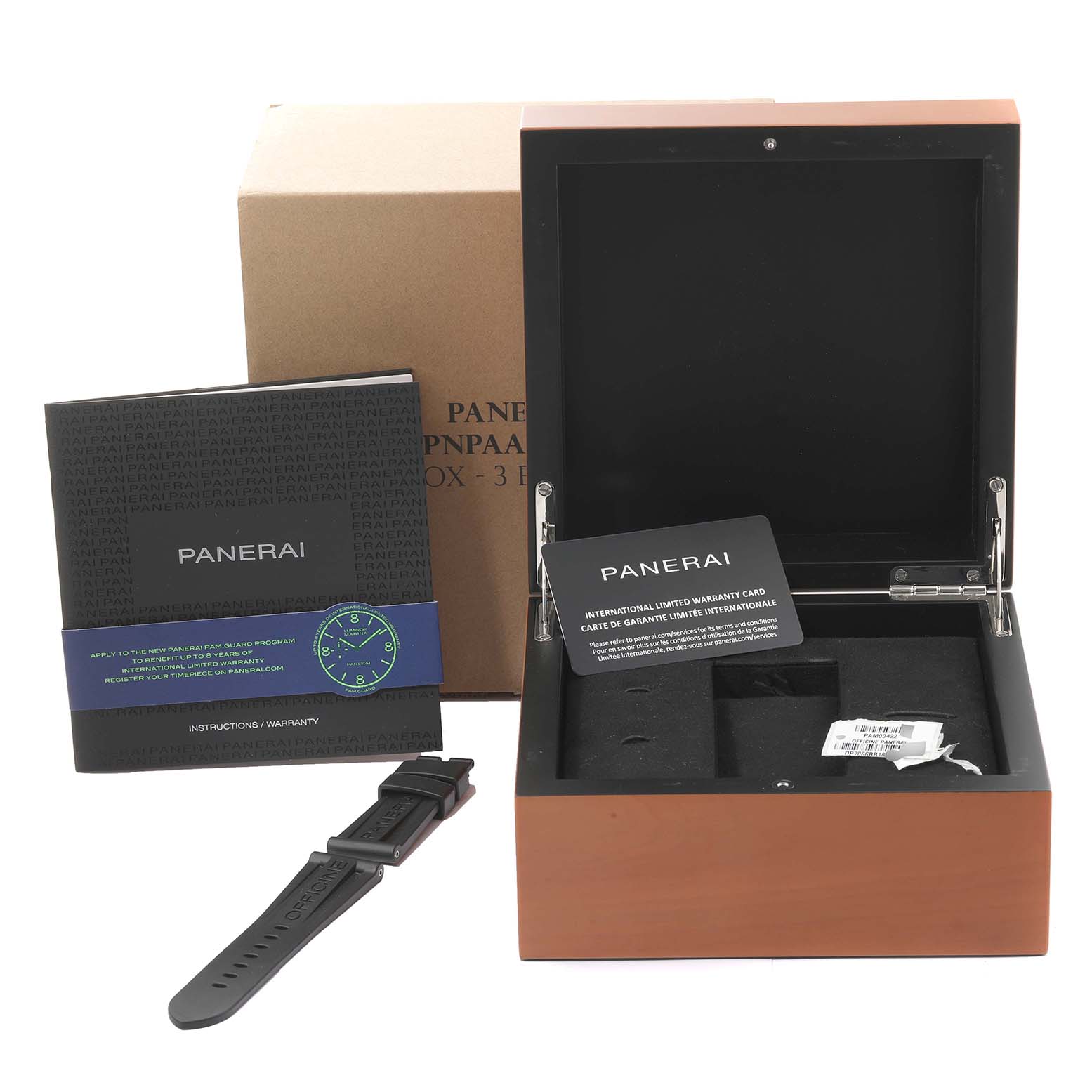 The image shows the open box, warranty card, instructions, and spare strap for a Panerai Luminor PAM00422 Men
s Stainless Steel Black Dial PAM00422 Men
s Stainless Steel Black Dial watch.