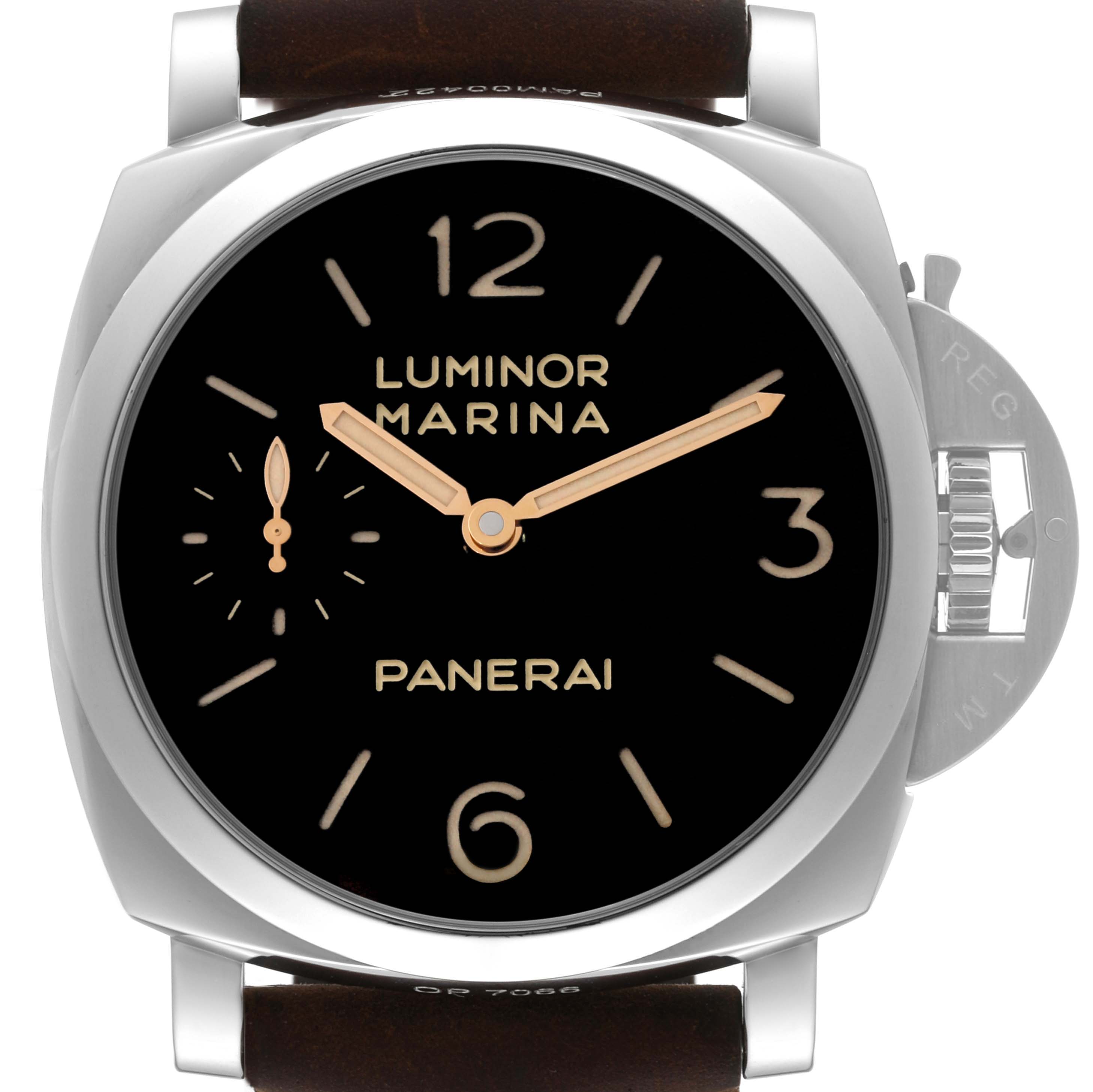 The image shows a front view of the Panerai Luminor PAM00422 Men
s Stainless Steel Black Dial PAM00422 Men
s Stainless Steel Black Dial watch, highlighting its black dial, gold hands, and crown guard.