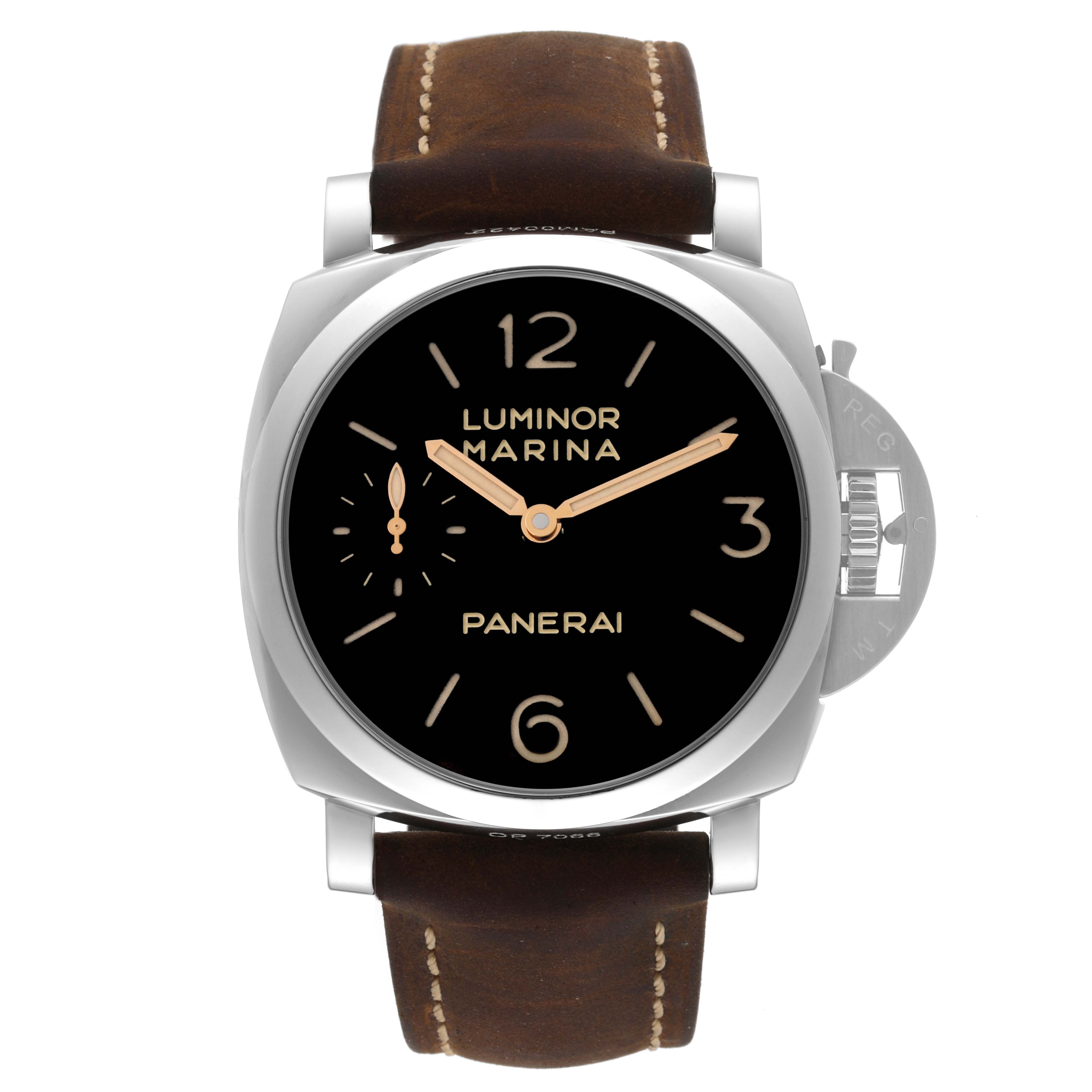 The image shows a front view of the Panerai Luminor PAM00422 Men
s Stainless Steel Black Dial PAM00422 Men
s Stainless Steel Black Dial Marina watch with a clear display of its dial, case, crown guard, and leather strap.