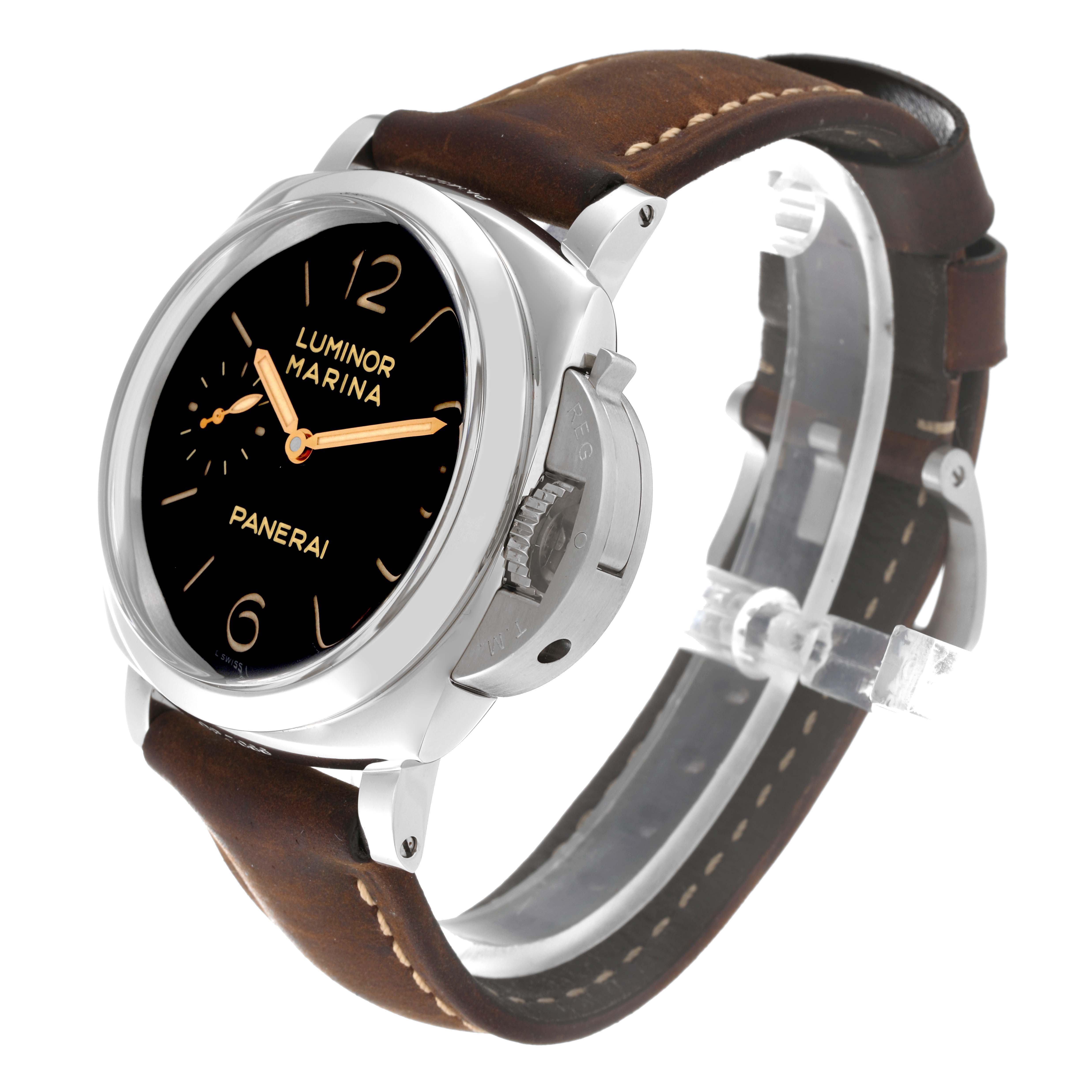 This image shows a Panerai Luminor PAM00422 Men
s Stainless Steel Black Dial PAM00422 Men
s Stainless Steel Black Dial watch at a three-quarter angle, highlighting the watch face, case, and brown leather strap.