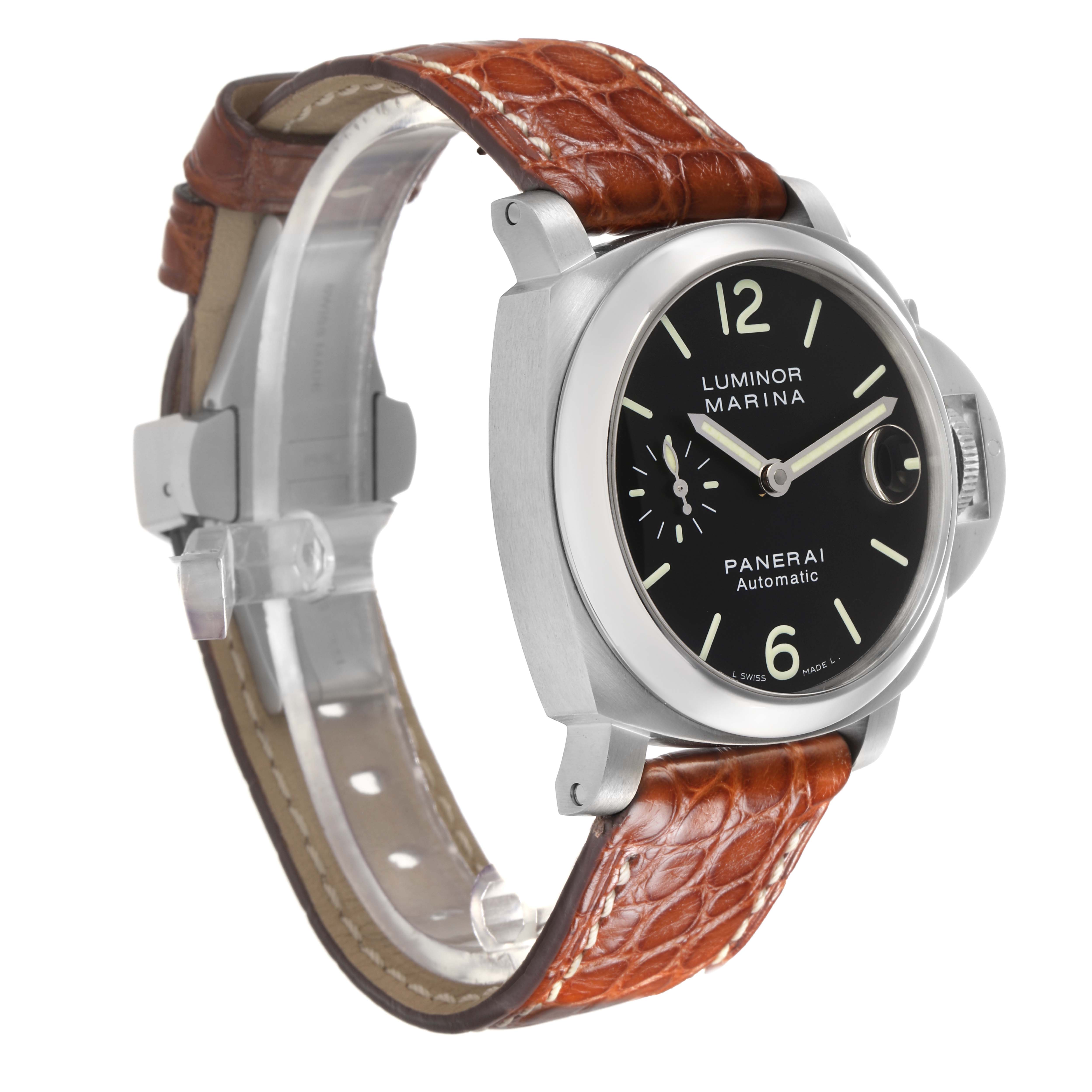 The Panerai Luminor PAM00048 Men
s Stainless Steel Black Dial PAM00048 Men
s Stainless Steel Black Dial watch is shown at a three-quarter view, highlighting the dial, case, and brown leather strap.