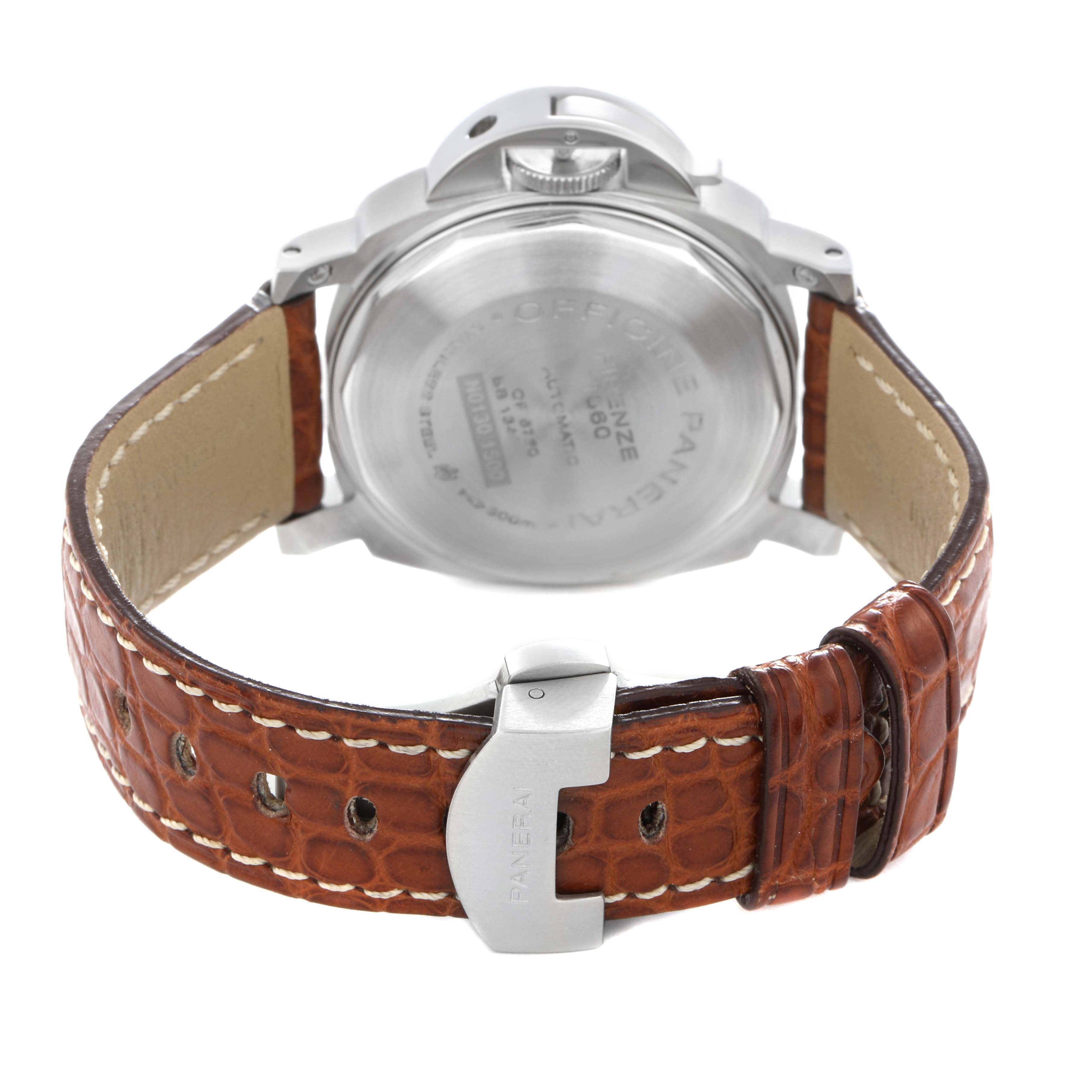 The image shows the back of a Panerai Luminor PAM00048 Men
s Stainless Steel Black Dial PAM00048 Men
s Stainless Steel Black Dial watch, highlighting the case back and leather strap with a buckle.